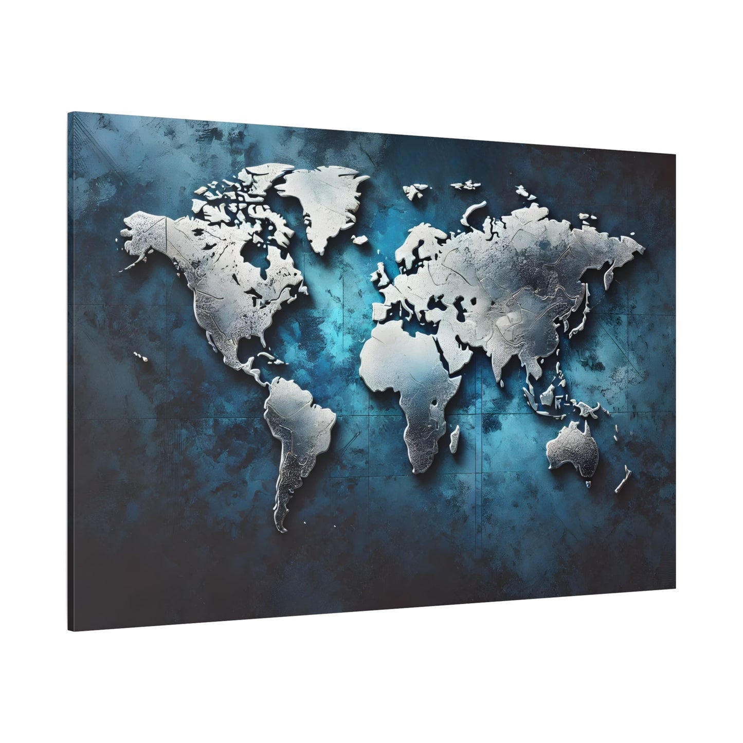 Metallic World Map Canvas Print - Large Blue Silver Travel Wall Art
