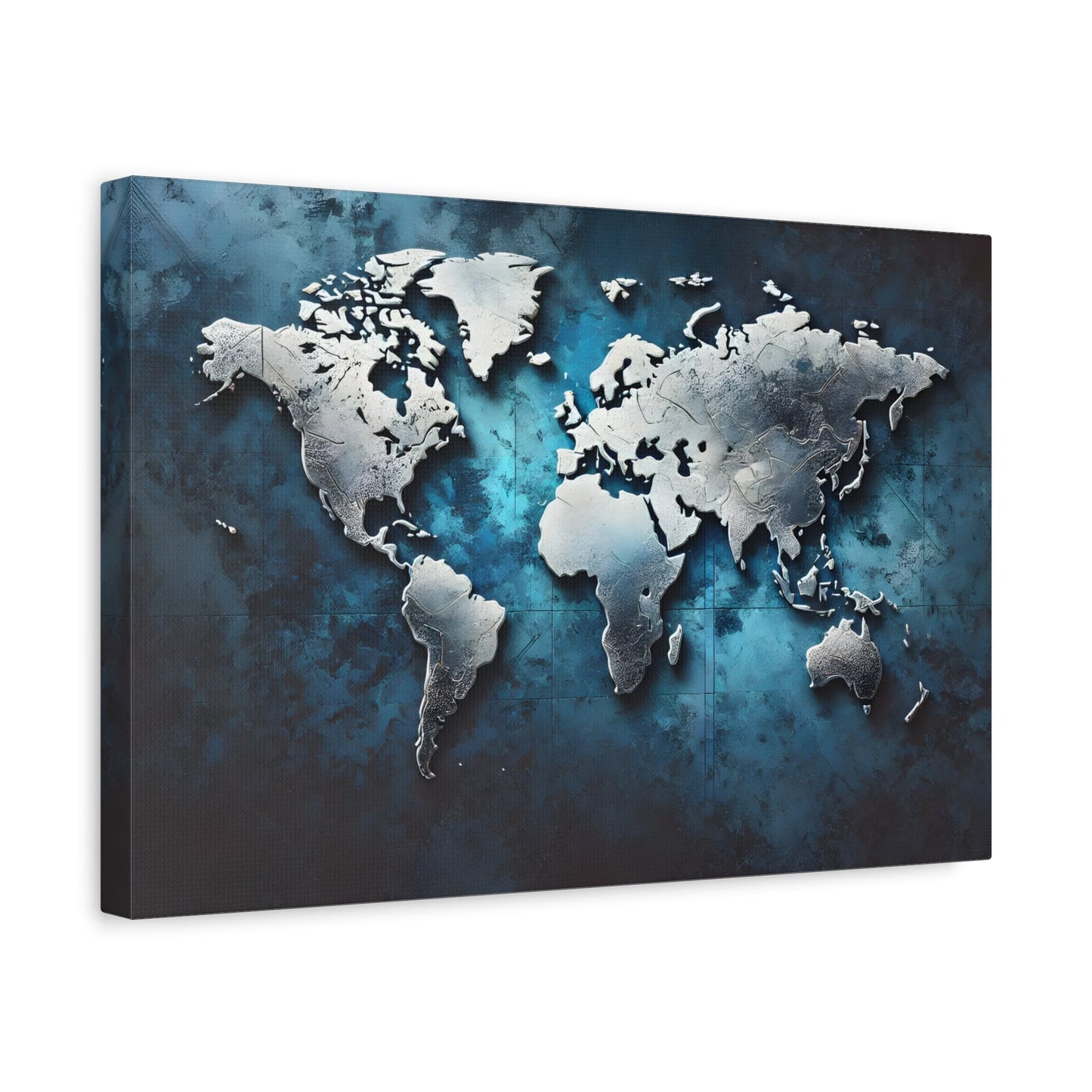Metallic World Map Canvas Print - Large Blue Silver Travel Wall Art