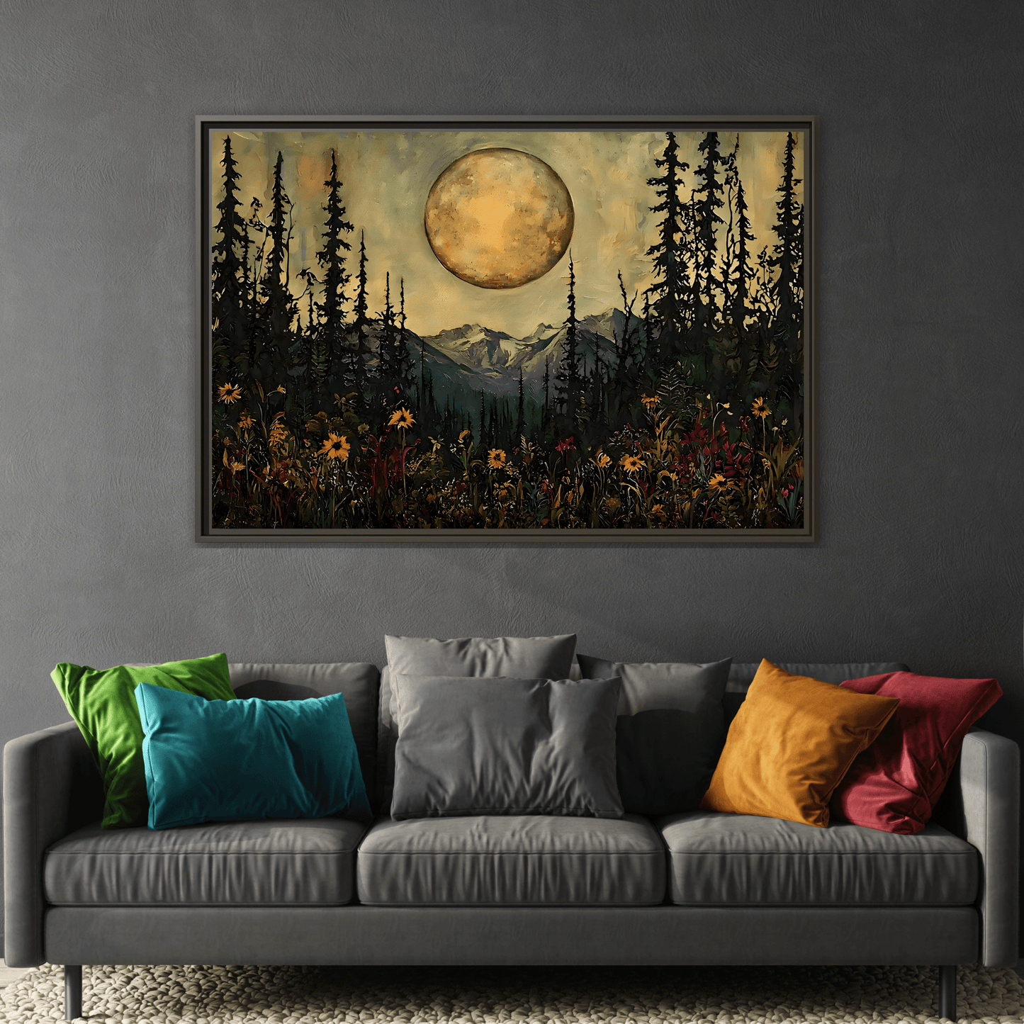 Moonlit Forest Meadow Canvas Prints, Mystical Full Moon Floral Rustic Wall Art