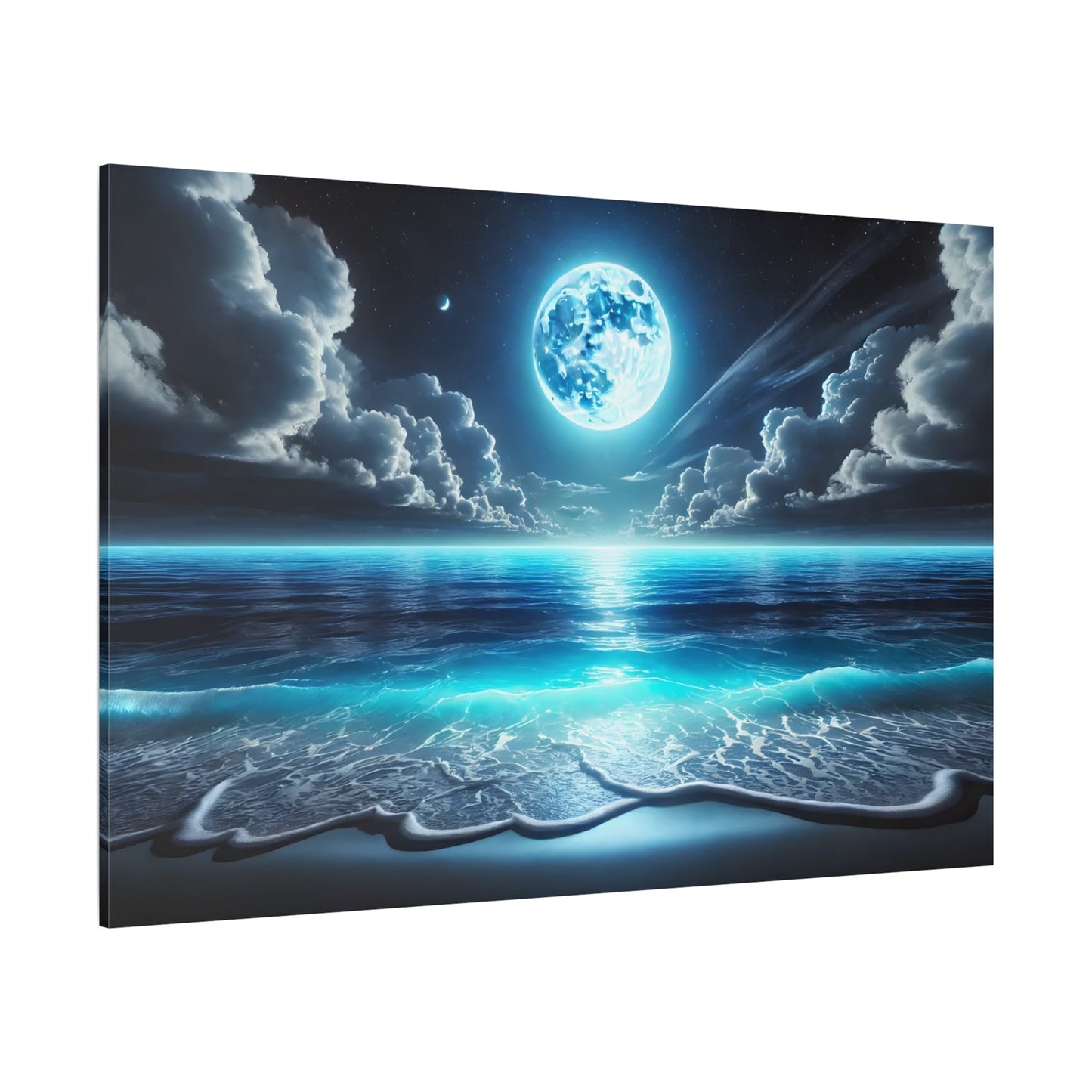 Moonlit Ocean Canvas Wall Art - Blue Moon Sea Landscape Picture Print Painting