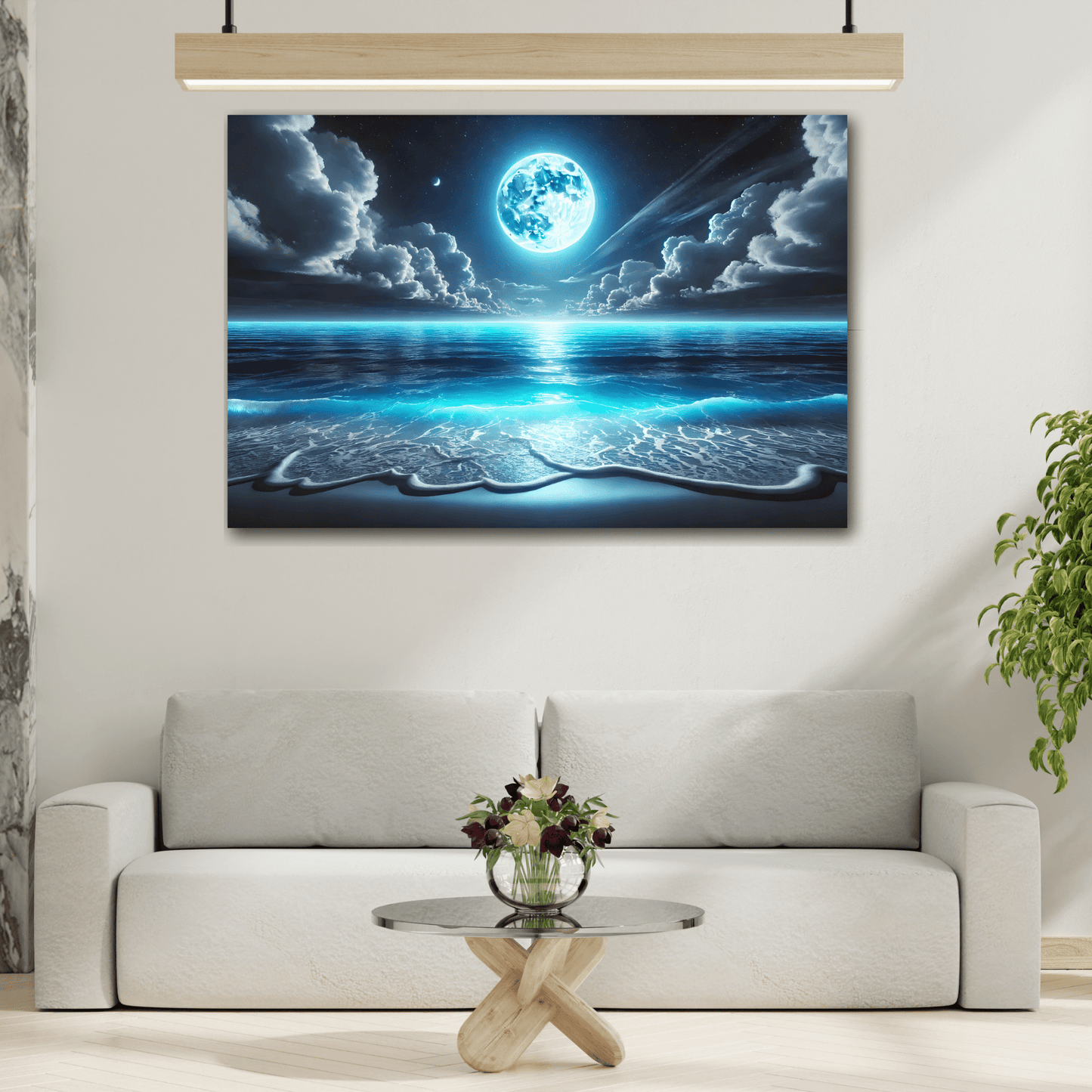 Moonlit Ocean Canvas Wall Art - Blue Moon Sea Landscape Picture Print Painting