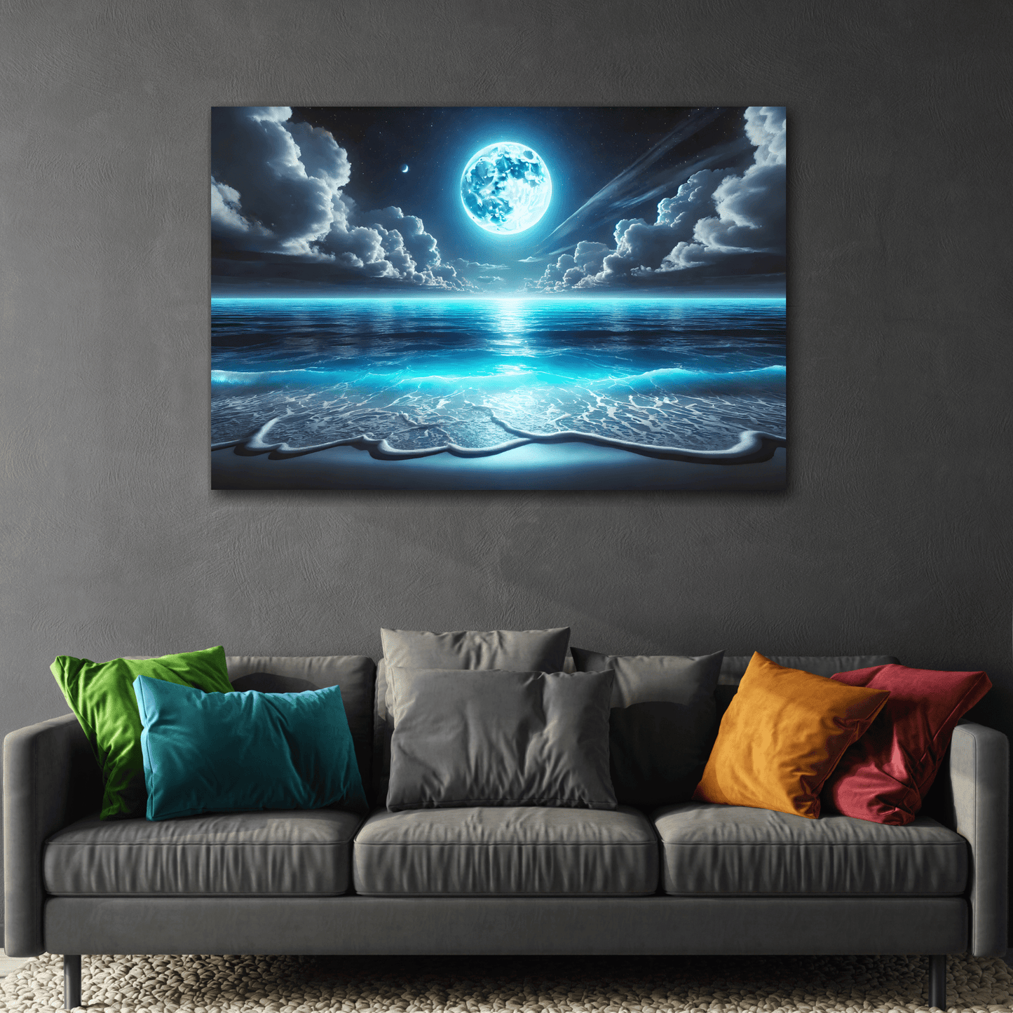 Moonlit Ocean Canvas Wall Art - Blue Moon Sea Landscape Picture Print Painting