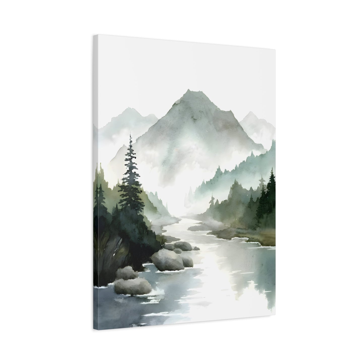 Mountain River Landscape Canvas Print - Watercolor Neutral Wall Art