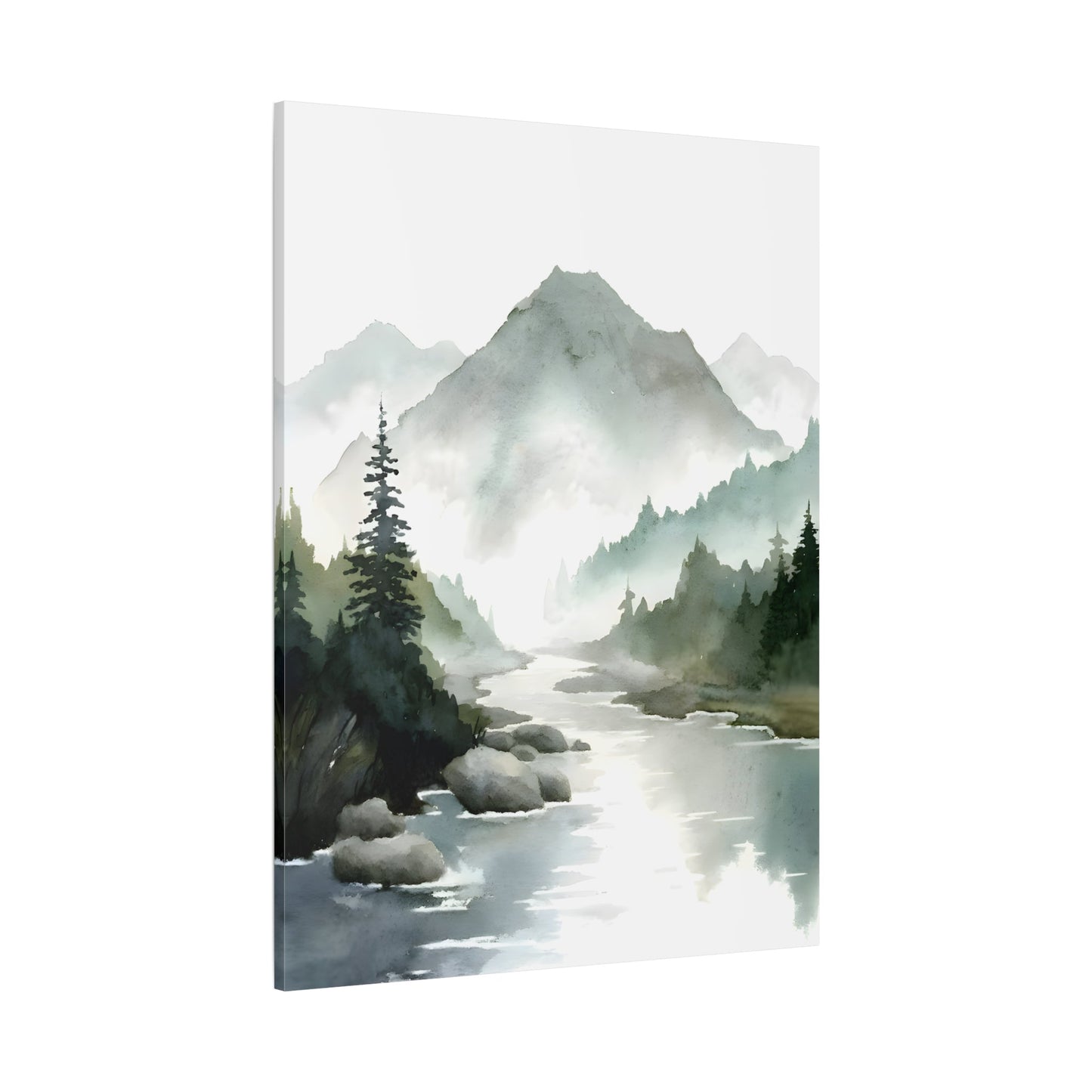 Mountain River Landscape Canvas Print - Watercolor Neutral Wall Art