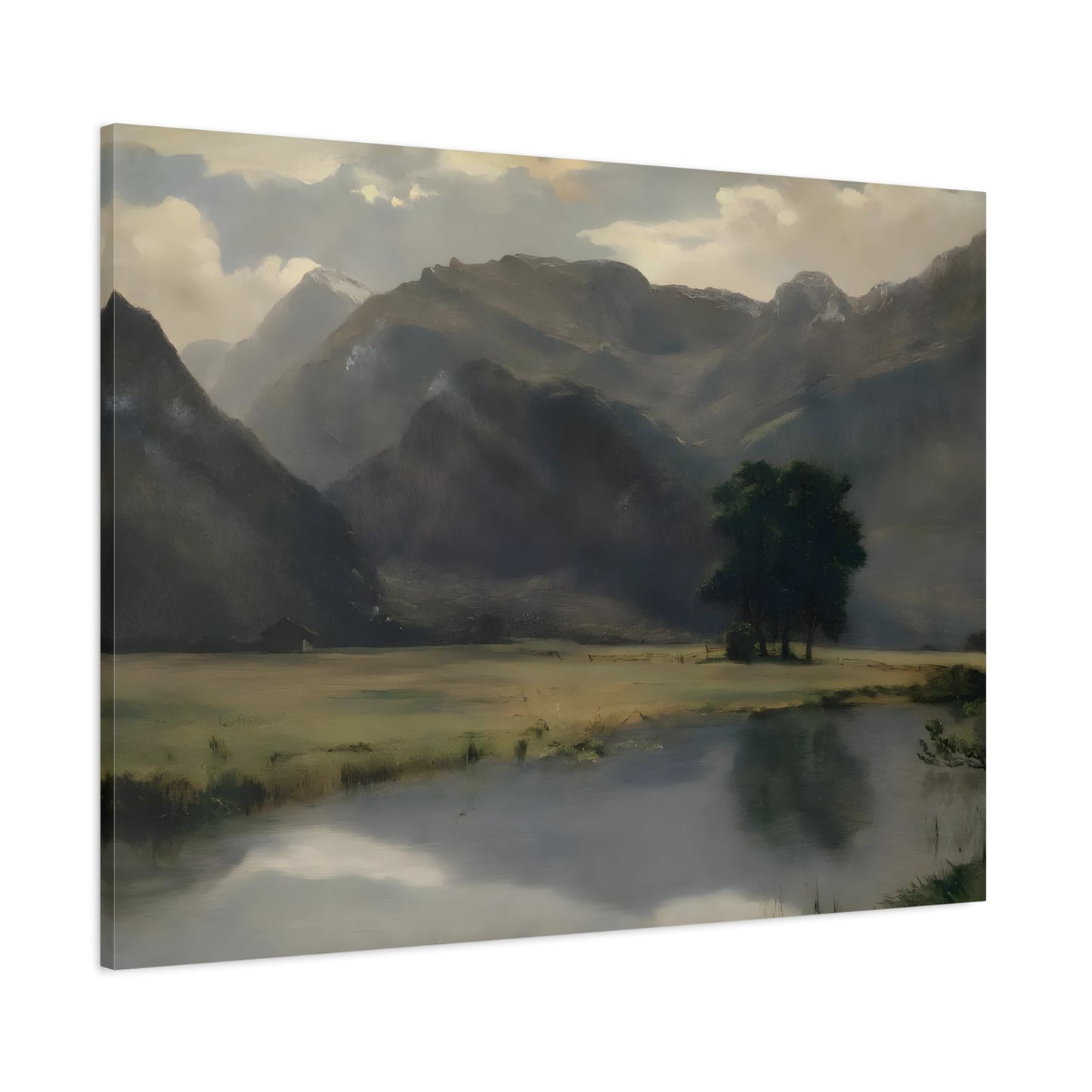 Mountains Landscape with Calm Serene Lake - Framed Stretched Canvas Wall Art Painting Print