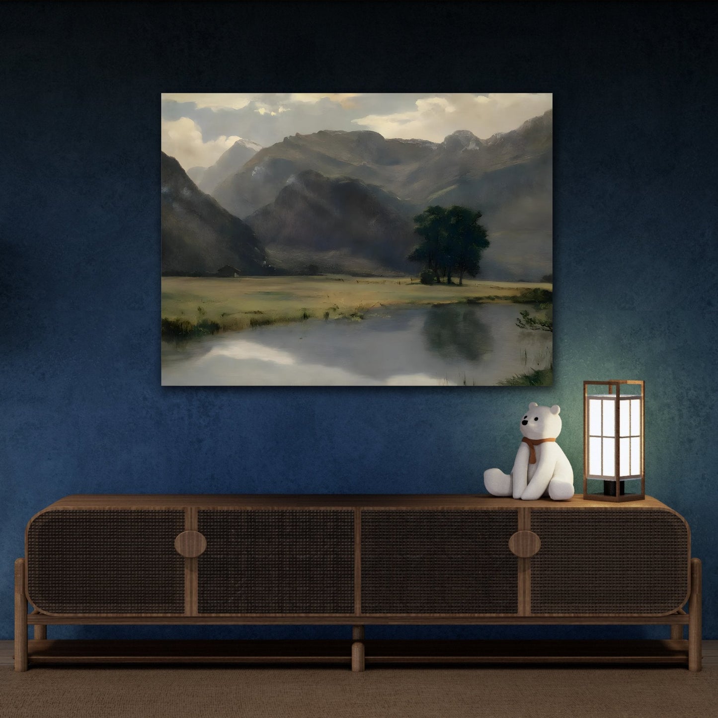 Mountains Landscape with Calm Serene Lake - Framed Stretched Canvas Wall Art Painting Print