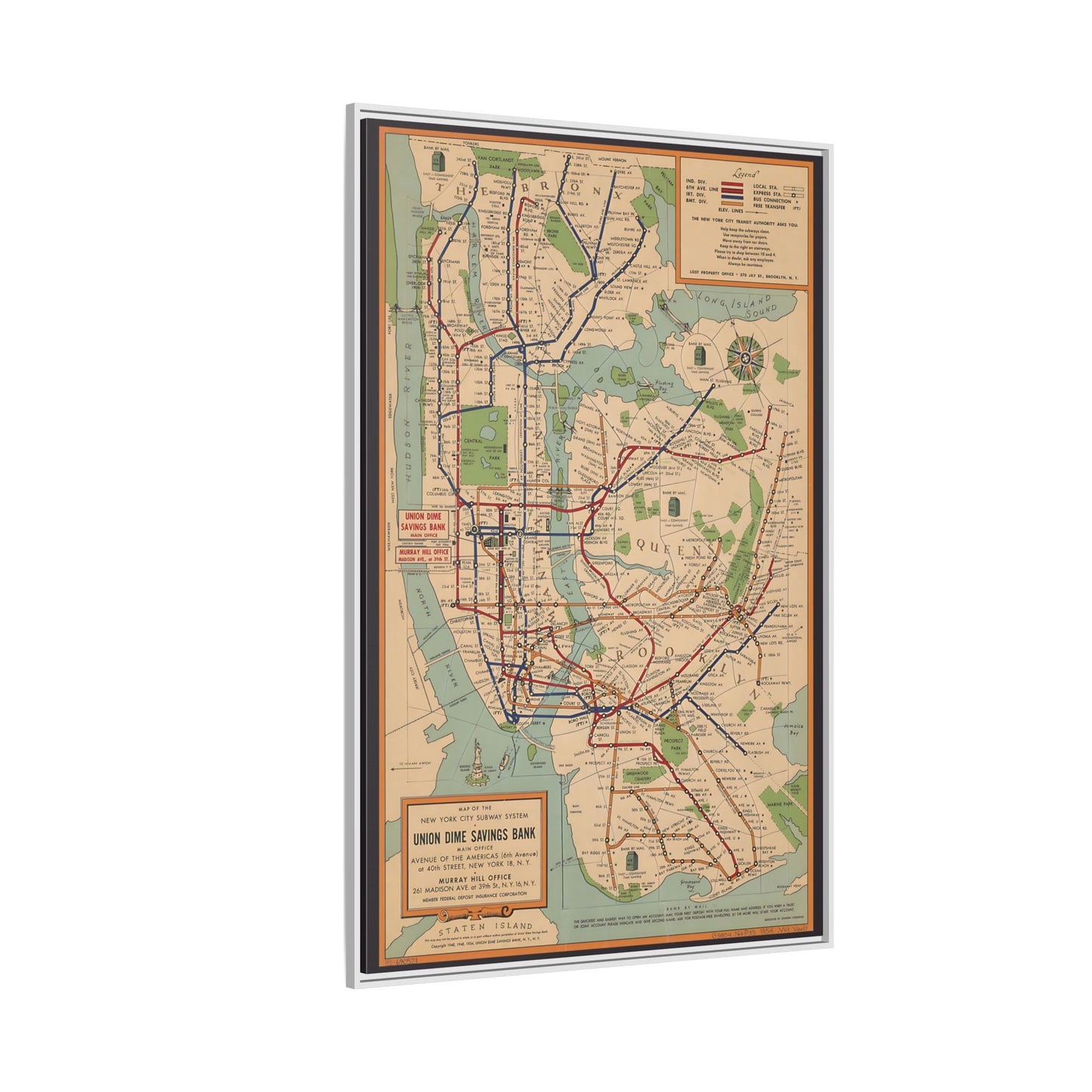 New York Subway Vintage Map on Canvas - Voorhies Framed Wall Art Print