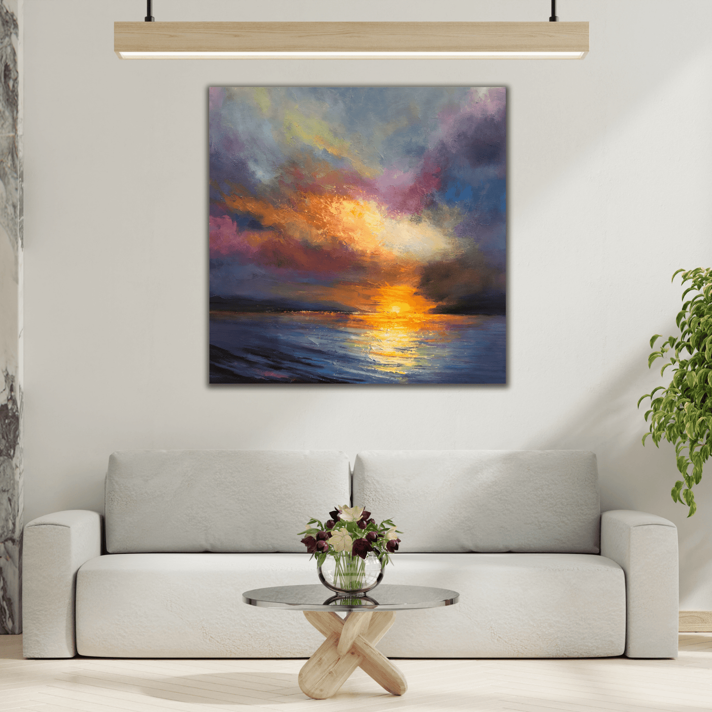 Ocean Sunset Canvas Wall Art, Abstract Colorful Contemporary Seascape Print