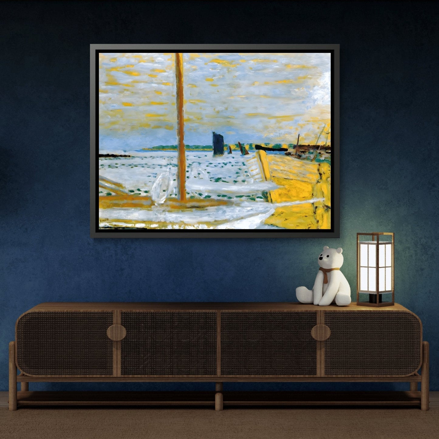 Pierre Bonnard Yellow Boat - Framed Canvas Wall Art Print in Black Pinewood Frame