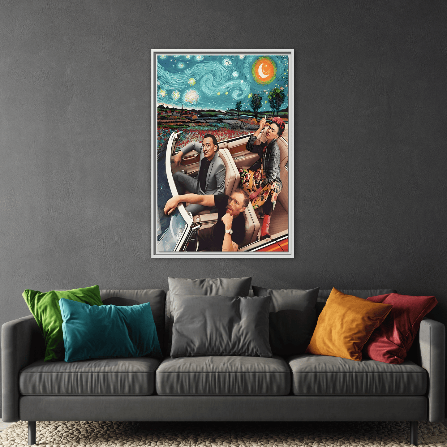 Starry Night Kahlo Van Gogh Dali Car Wall Art Canvas, Modern Framed Funny Print