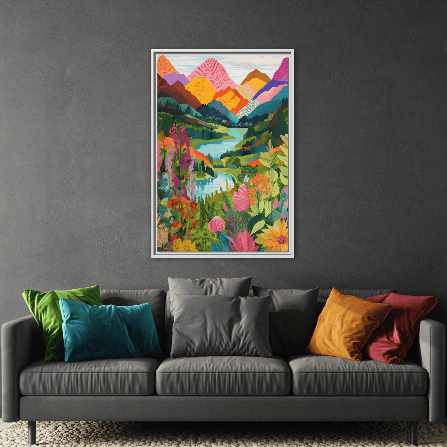 Vibrant Framed Abstract Mountain Canvas Print - Colorful Floral Wall Art