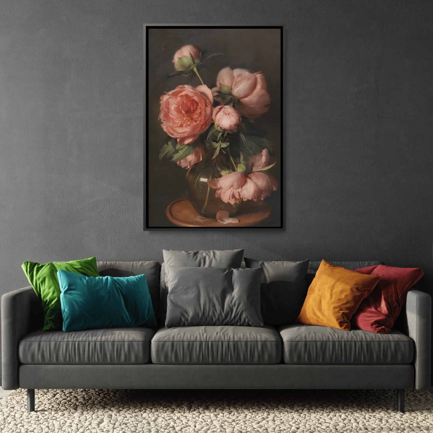 Vintage Pink Peonies Flowers - Framed Canvas Wall Art Reproduction