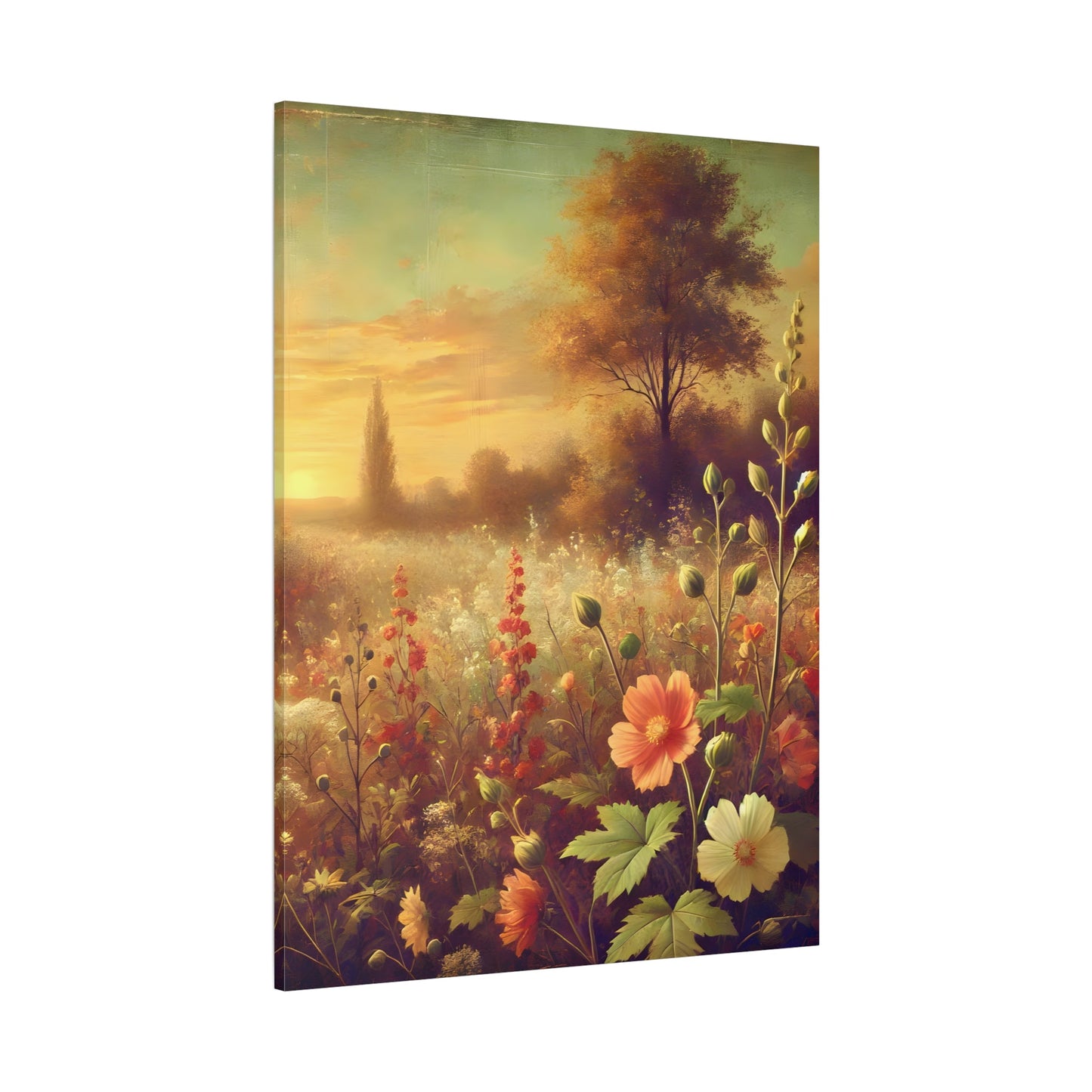 Vintage Wildflower Rustic Canvas Landscape - Sunset Botanical Flowers Wall Art