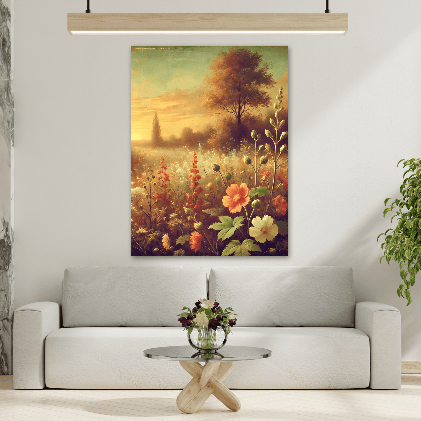 Vintage Wildflower Rustic Canvas Landscape - Sunset Botanical Flowers Wall Art