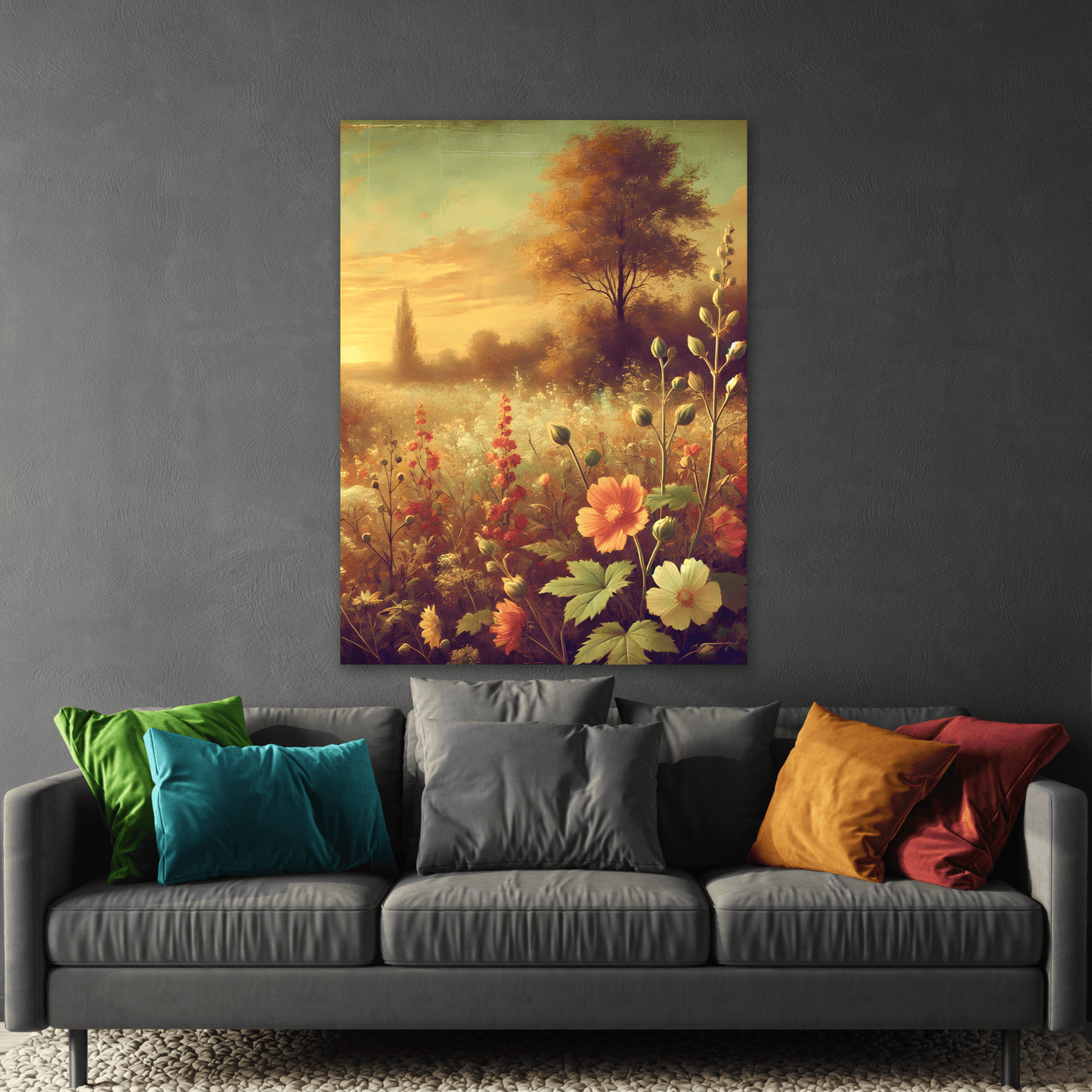 Vintage Wildflower Rustic Canvas Landscape - Sunset Botanical Flowers Wall Art