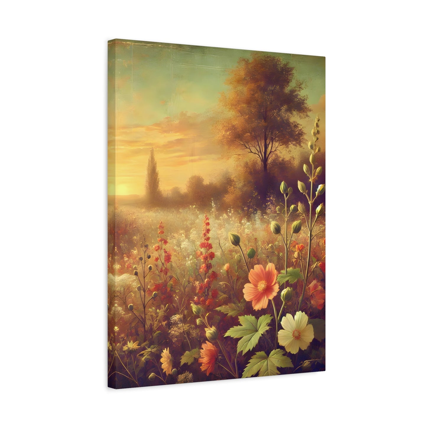 Vintage Wildflower Rustic Canvas Landscape - Sunset Botanical Flowers Wall Art