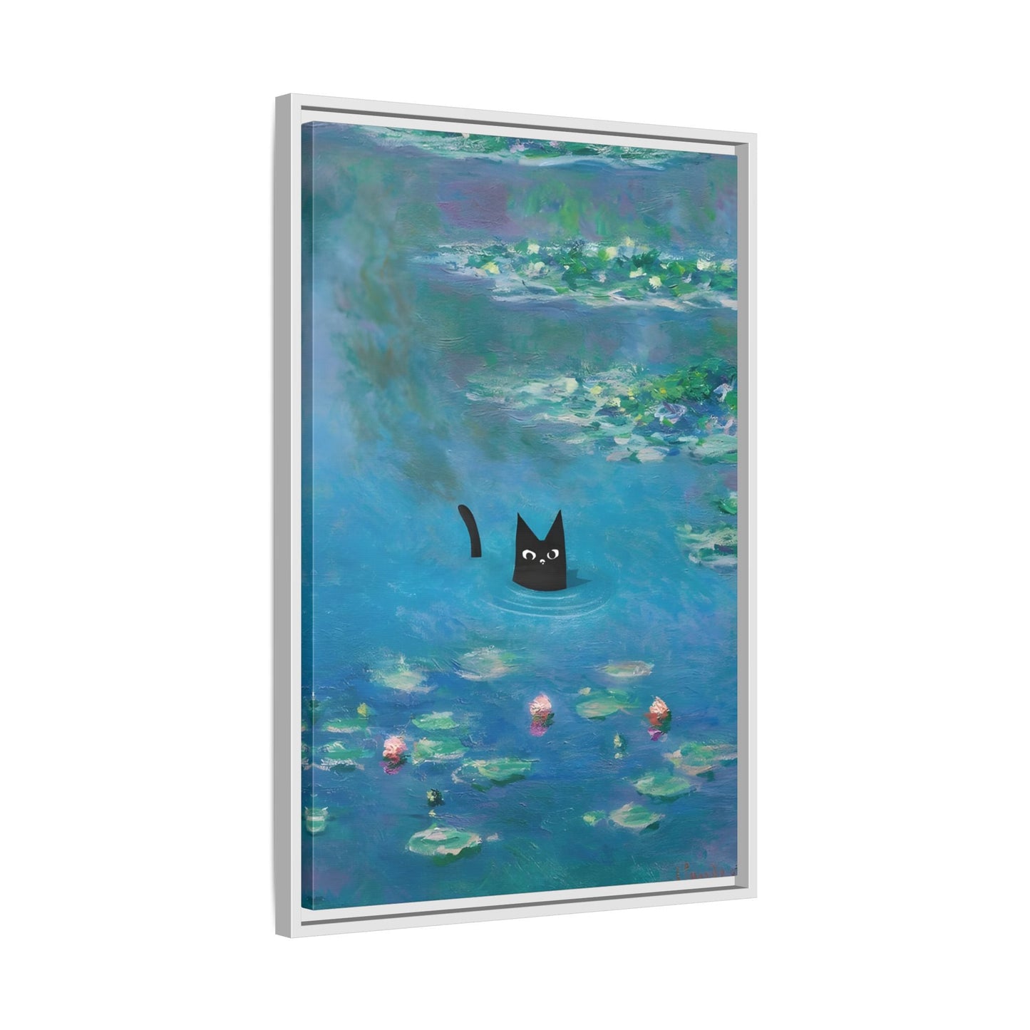Water Lily Framed Cat Canvas Wall Art Monet Floral Print