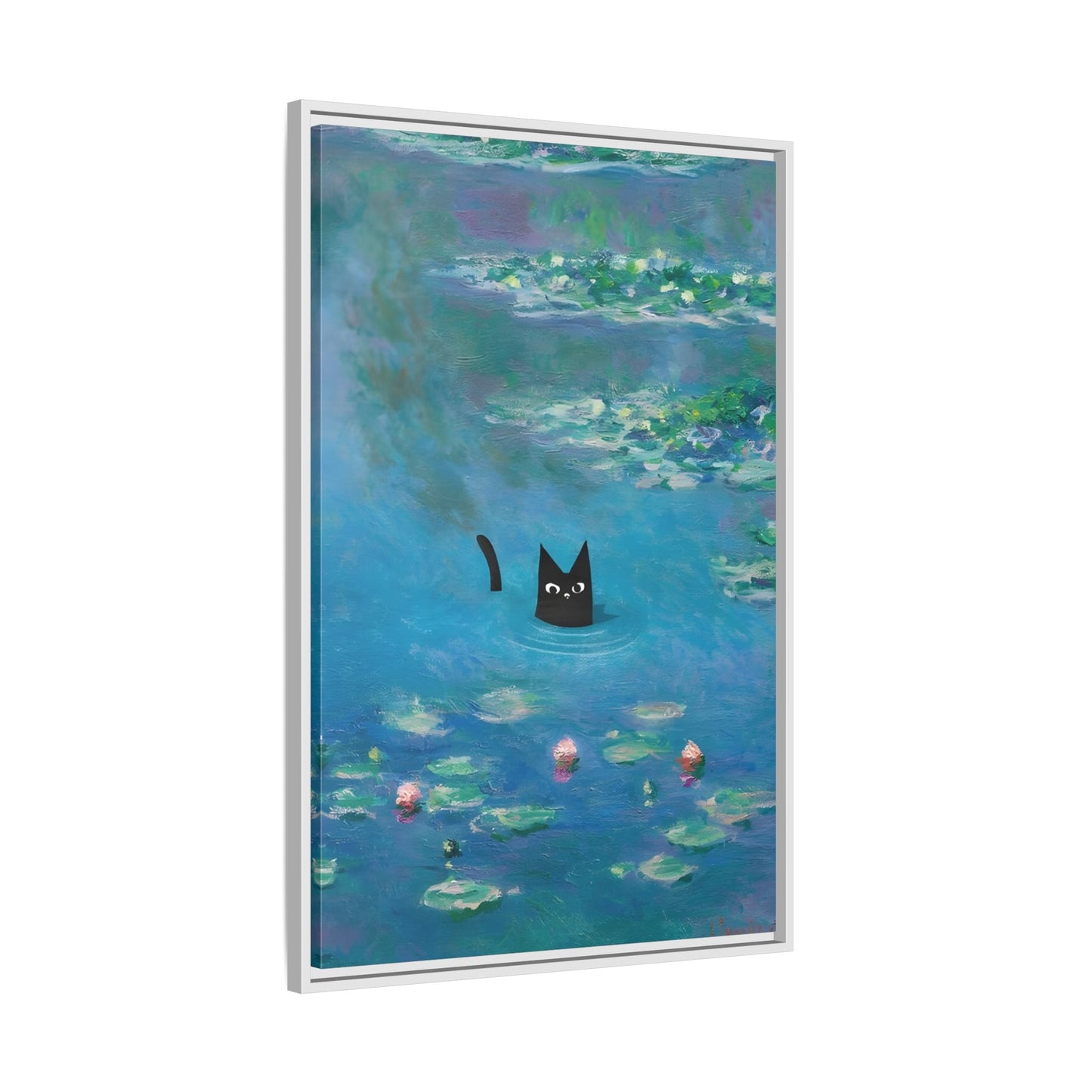 Water Lily Framed Cat Canvas Wall Art Monet Floral Print