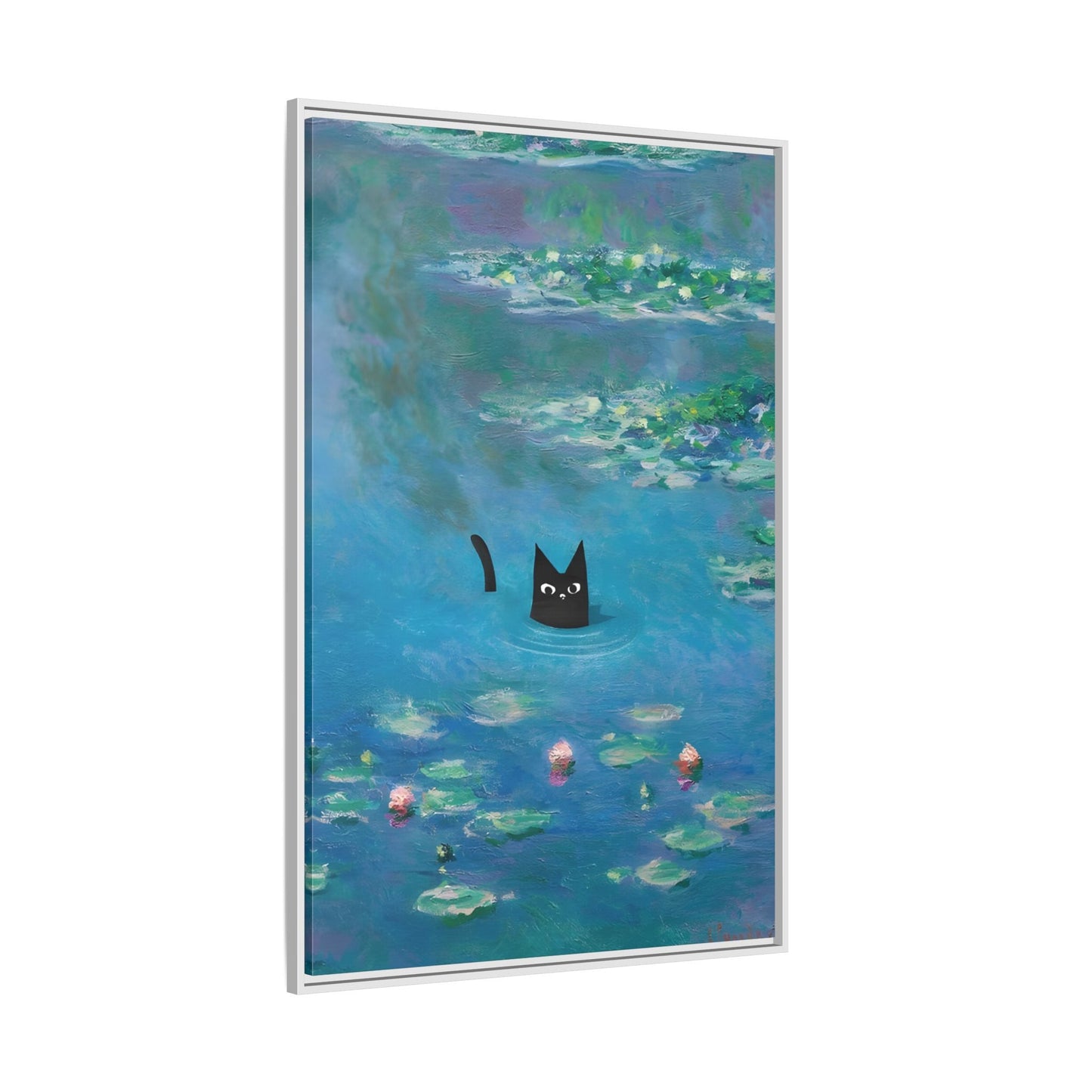 Water Lily Framed Cat Canvas Wall Art Monet Floral Print