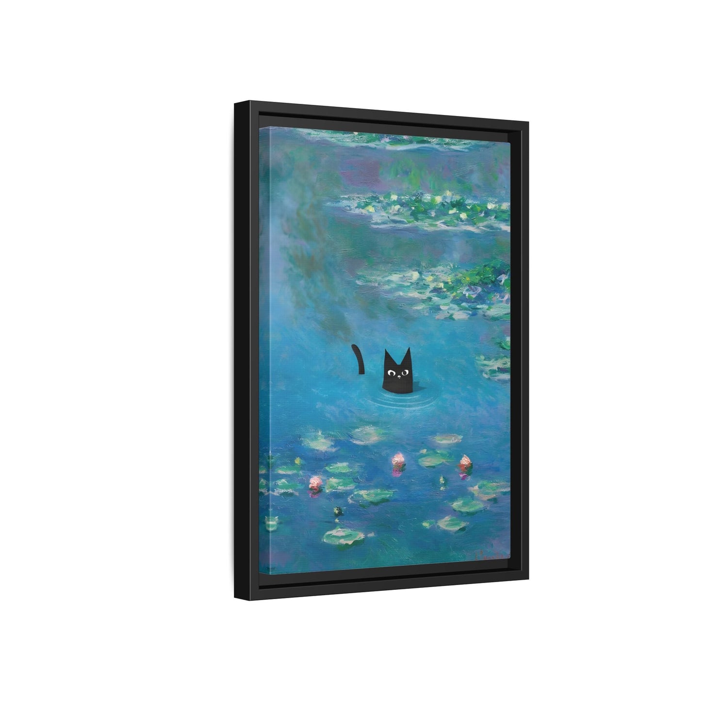 Water Lily Framed Cat Canvas Wall Art Monet Floral Print