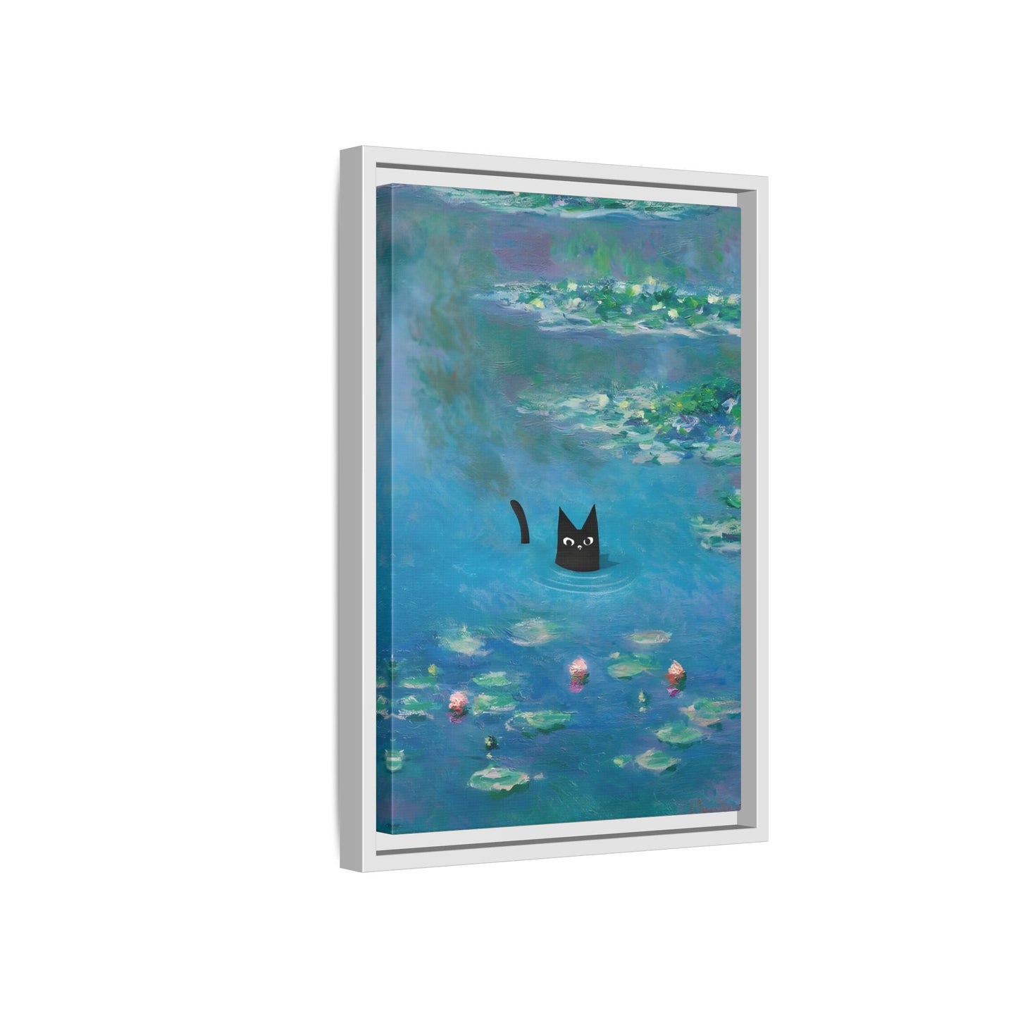 Water Lily Framed Cat Canvas Wall Art Monet Floral Print