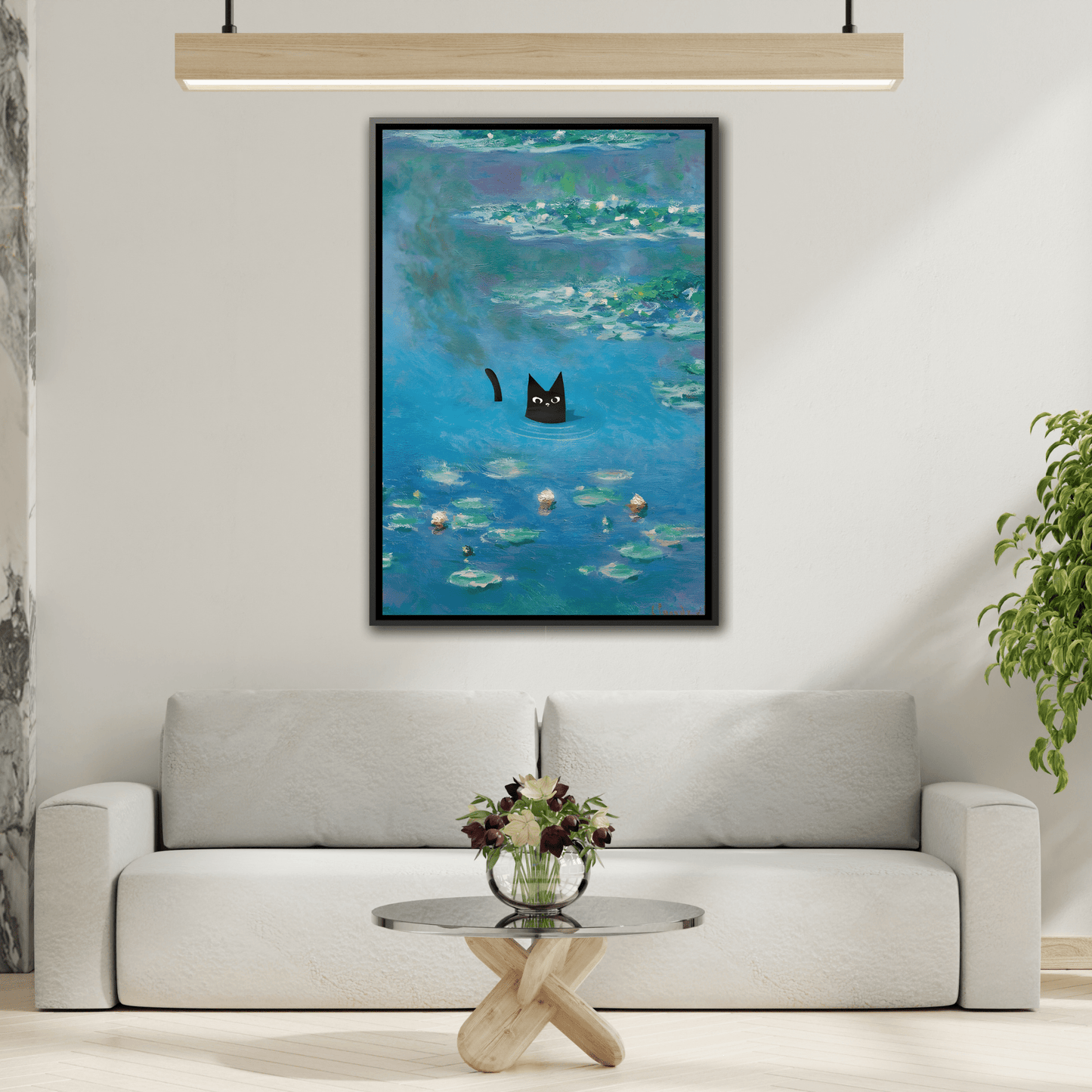Water Lily Framed Cat Canvas Wall Art Monet Floral Print
