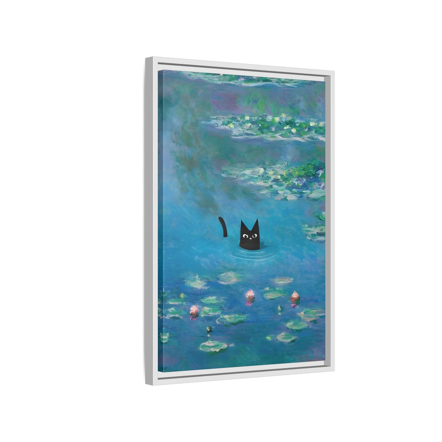 Water Lily Framed Cat Canvas Wall Art Monet Floral Print