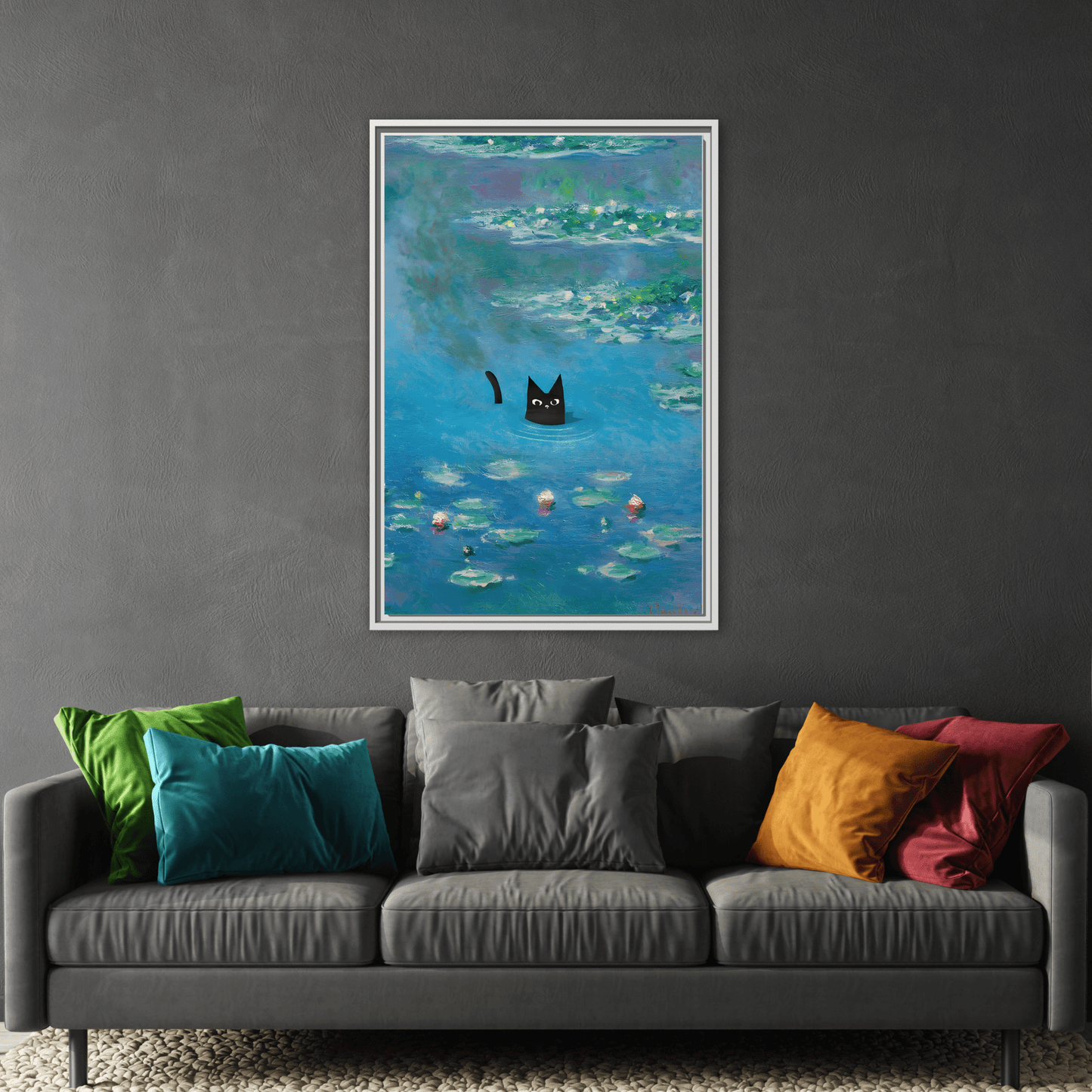Water Lily Framed Cat Canvas Wall Art Monet Floral Print