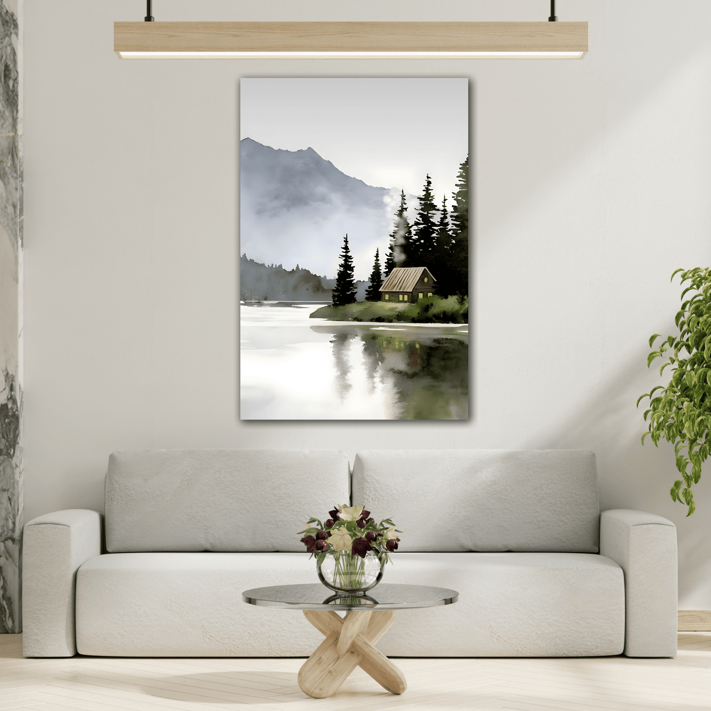 Watercolor Cabin Lake Canvas Print - Large Minimalist Winter wall art