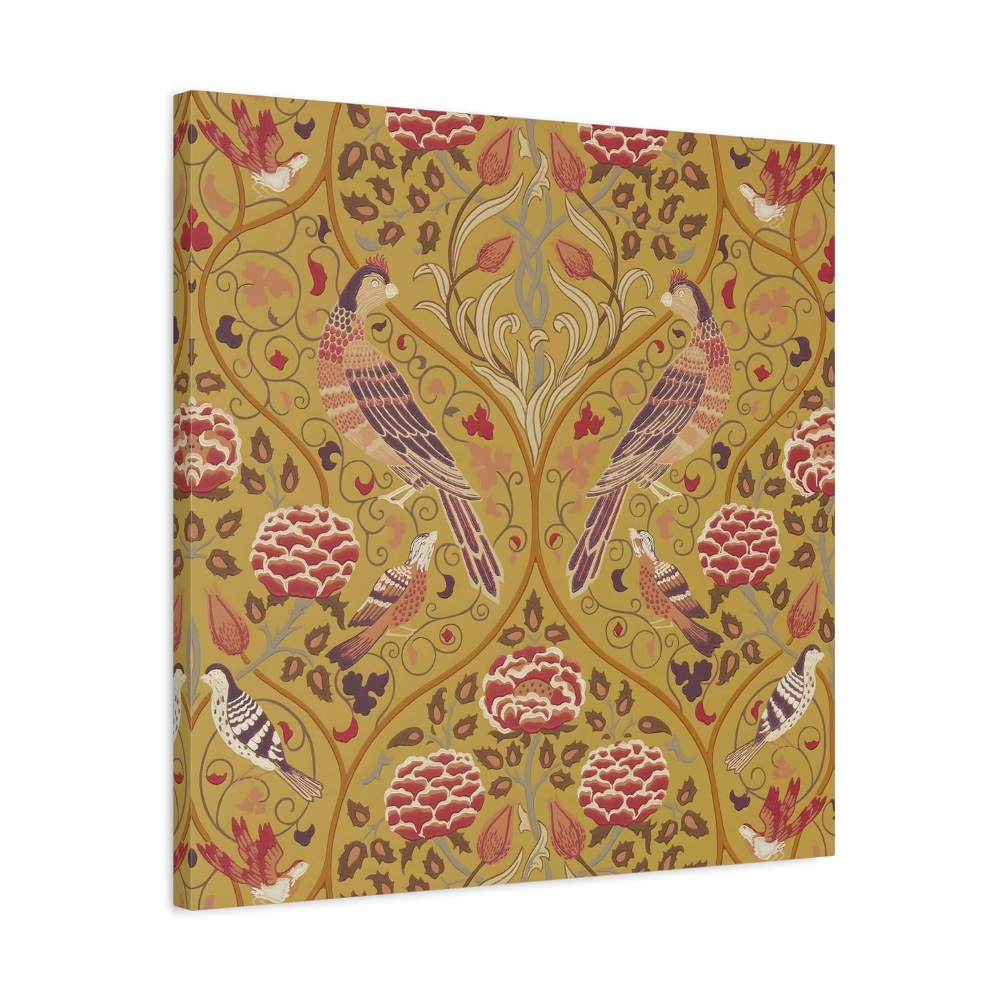 William Morris Parakeets Roses Tulips - Saffron Floral Canvas Wall Art Print
