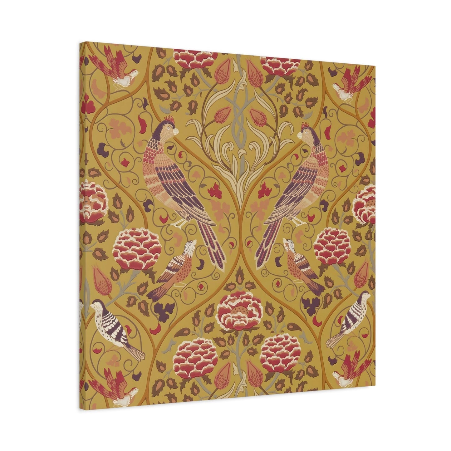 William Morris Parakeets Roses Tulips - Saffron Floral Canvas Wall Art Print