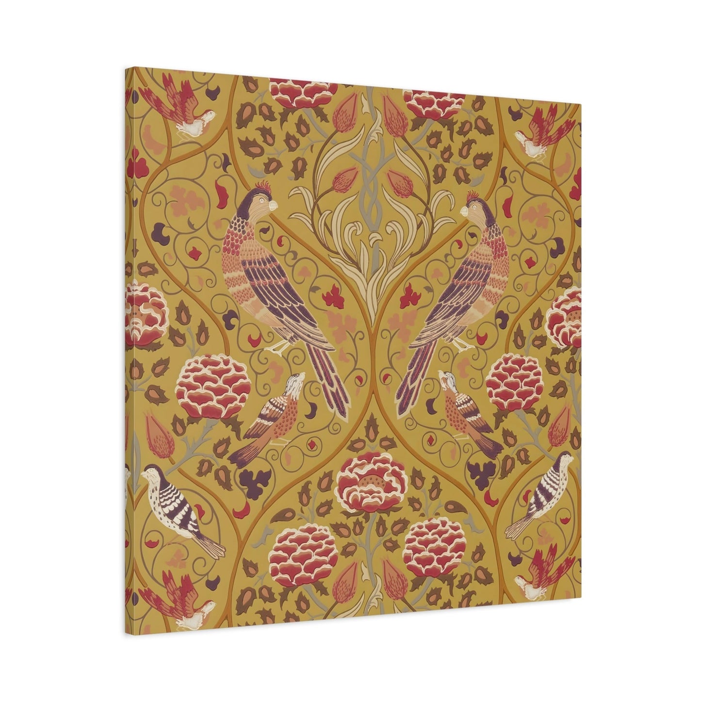 William Morris Parakeets Roses Tulips - Saffron Floral Canvas Wall Art Print