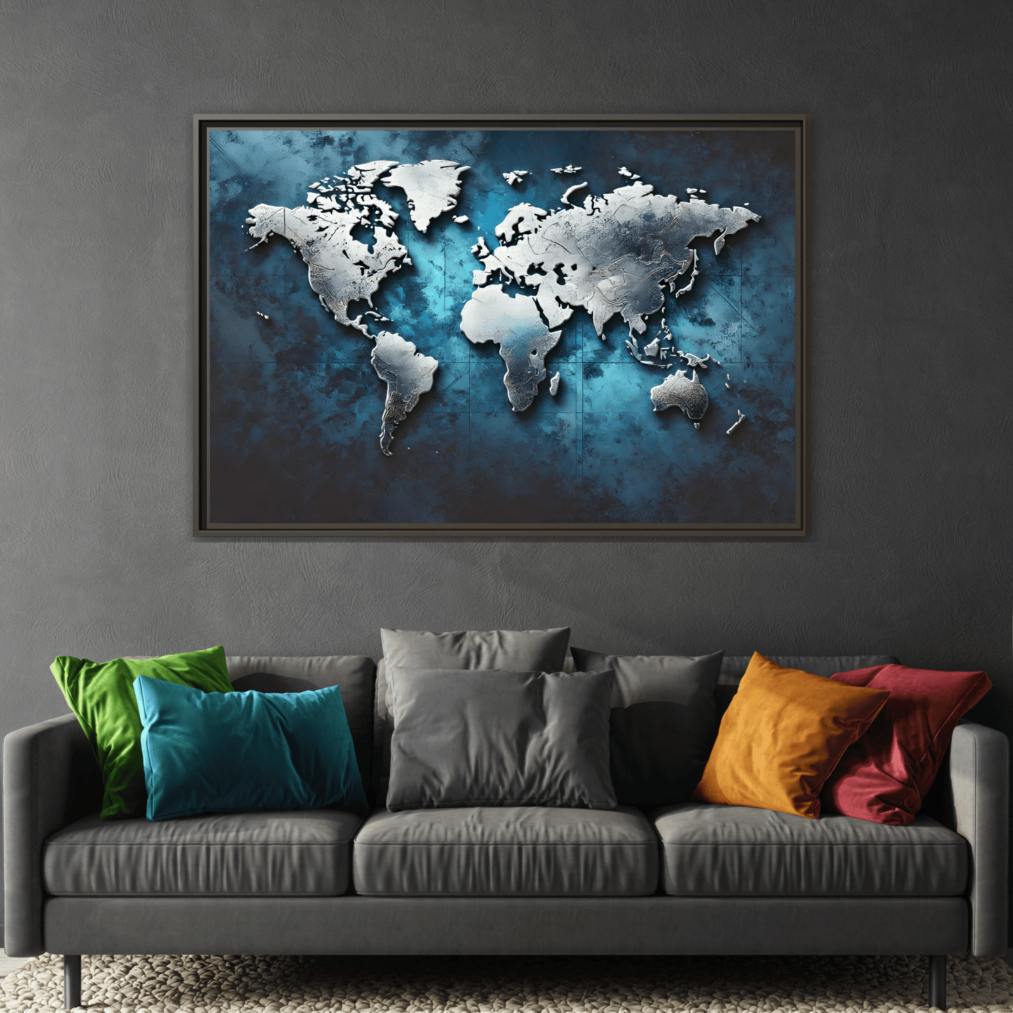 World Blue Silver Canvas Print - Framed Big Walls Art