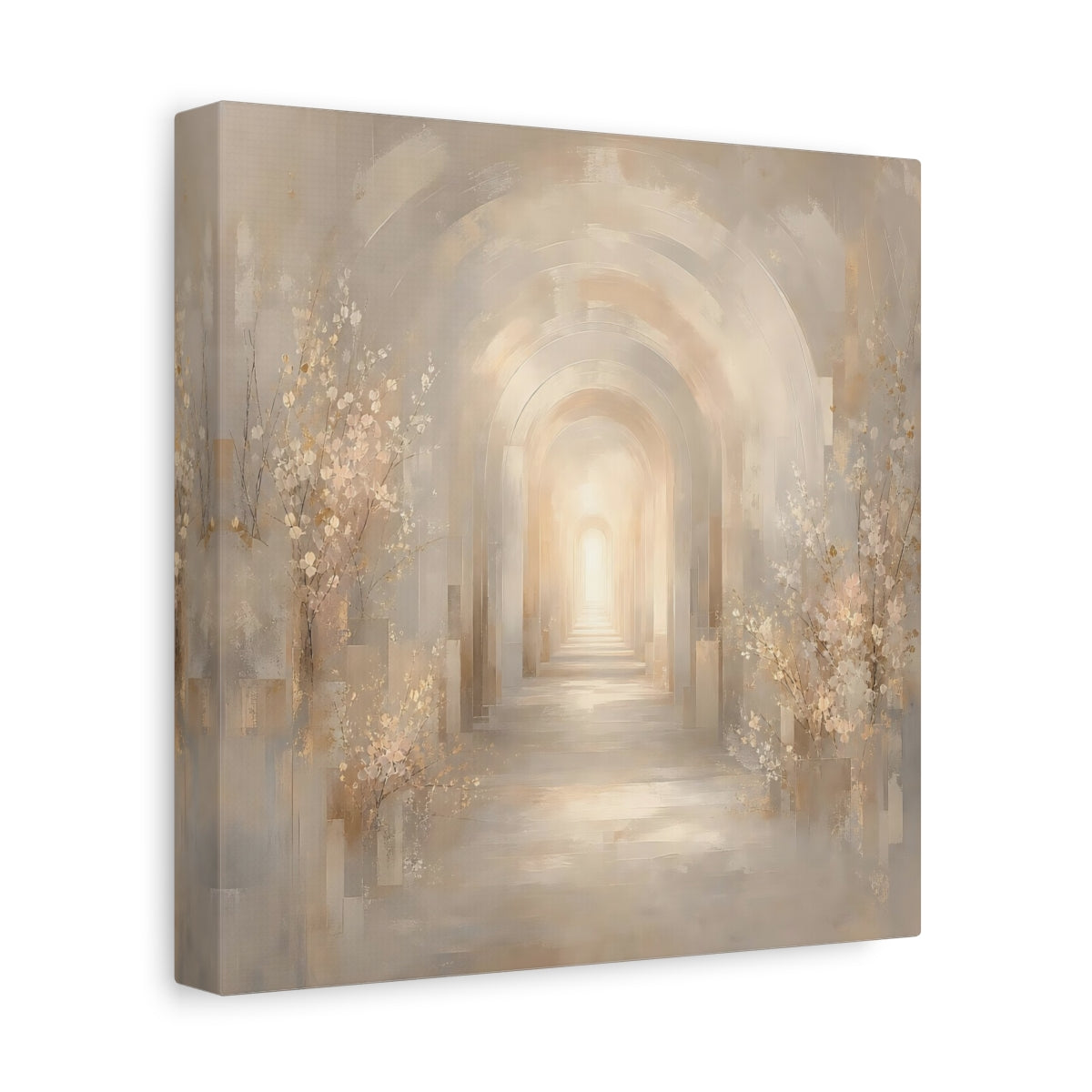 Side Mockup 9. Abstract Archway Beige And Gold shown as stretched canvas wall art