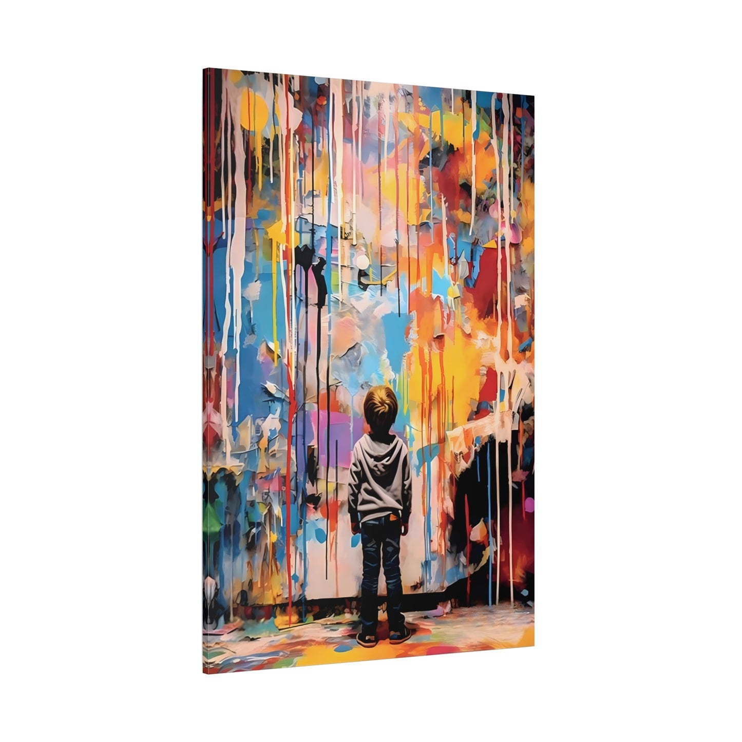 Abstract Banksy Kids Canvas Print - Boy Looking at Colorful Wall Art