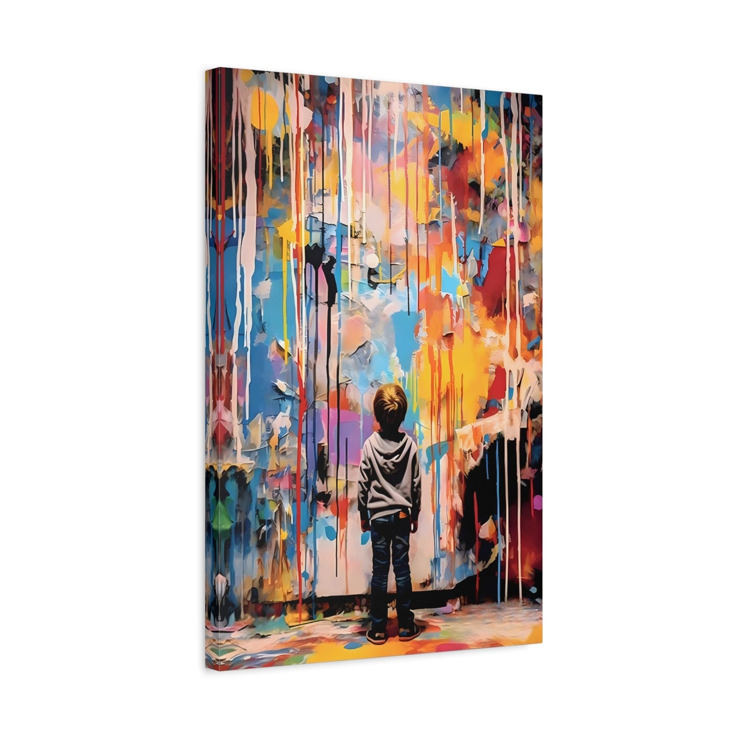 Abstract Banksy Kids Canvas Print - Boy Looking at Colorful Wall Art