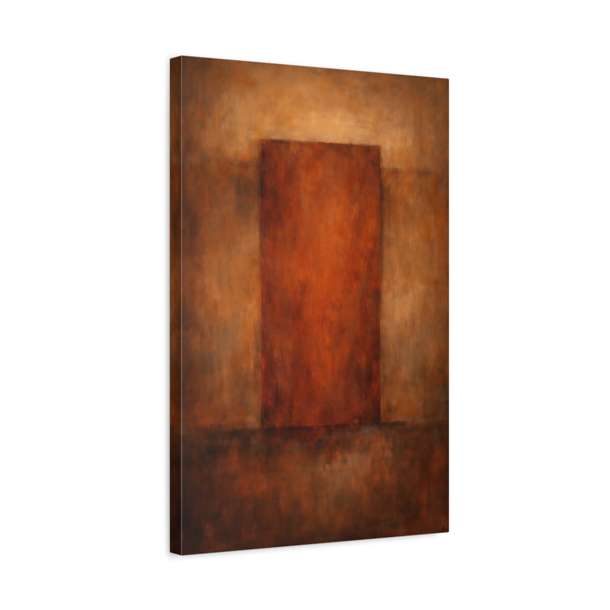 Side Mockup 3. Abstract Abstract Block Brown And Rust shown as stretched canvas wall art