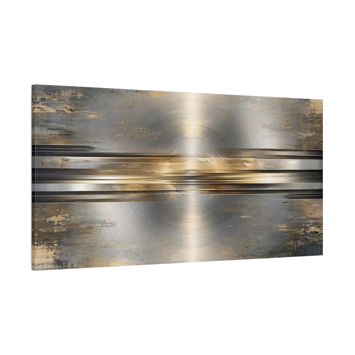 Side Mockup 2. Abstract Brushed Metal Gold Gray shown as stretched canvas wall art