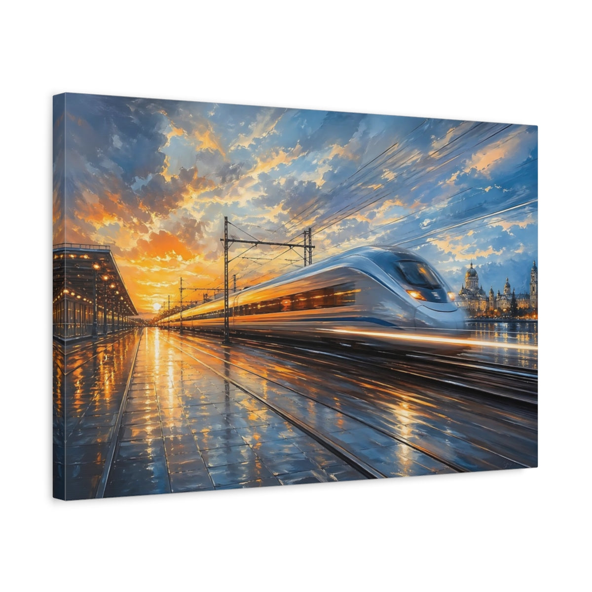 Side Mockup 3. Abstract Bullet Train Orange And Blue Train shown as stretched canvas wall art