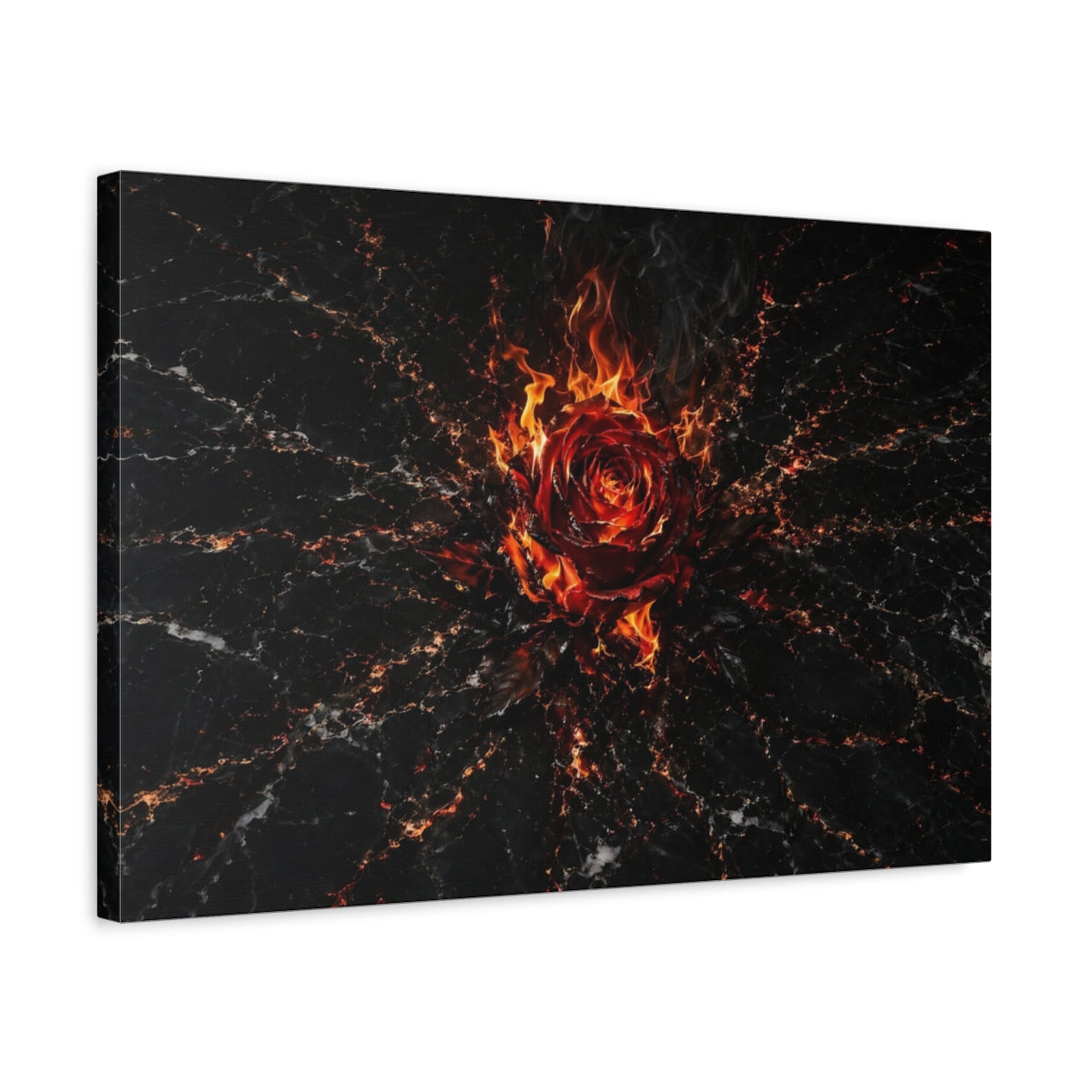 Side Mockup 3. Abstract Burning Rose Red And Black shown as stretched canvas wall art
