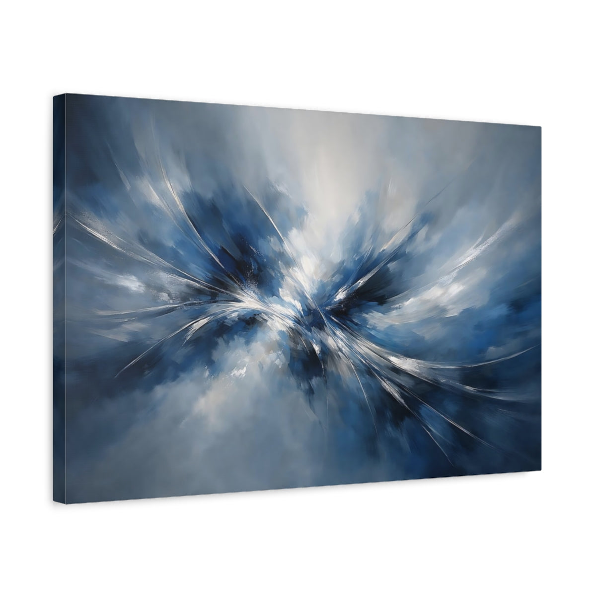 Side Mockup 3. Abstract Abstract Burst Blue And White Abstract shown as stretched canvas wall art
