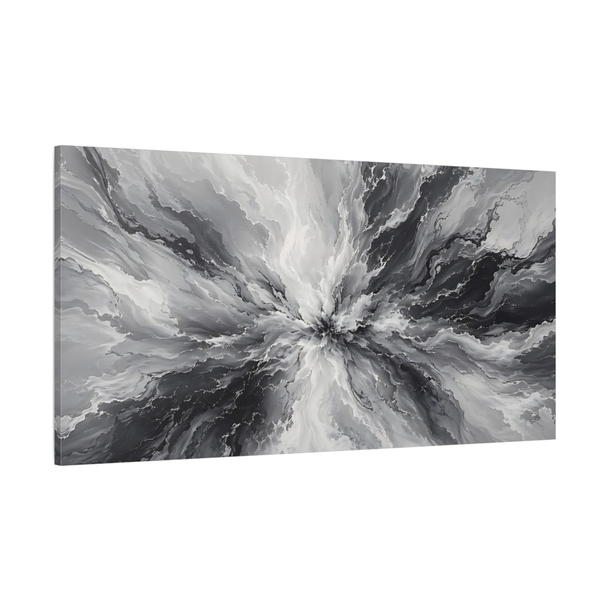 Side Mockup 2. Abstract Abstract Burst Gray And Black Abstract shown as stretched canvas wall art