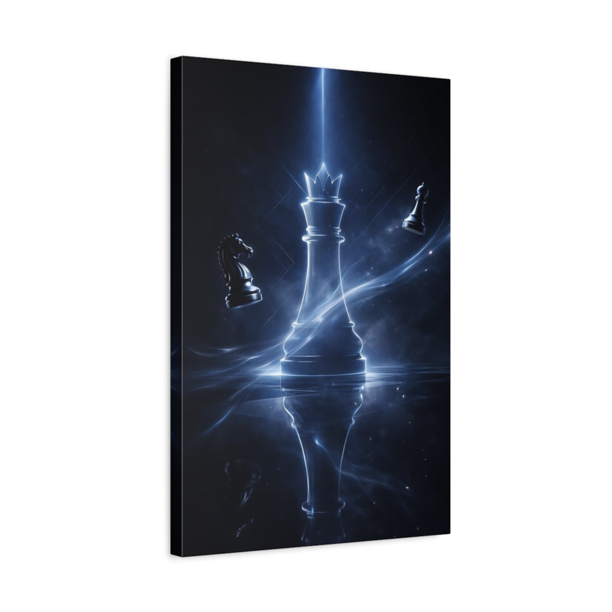Side Mockup 3. Abstract Chess King Blue And Black shown as stretched canvas wall art