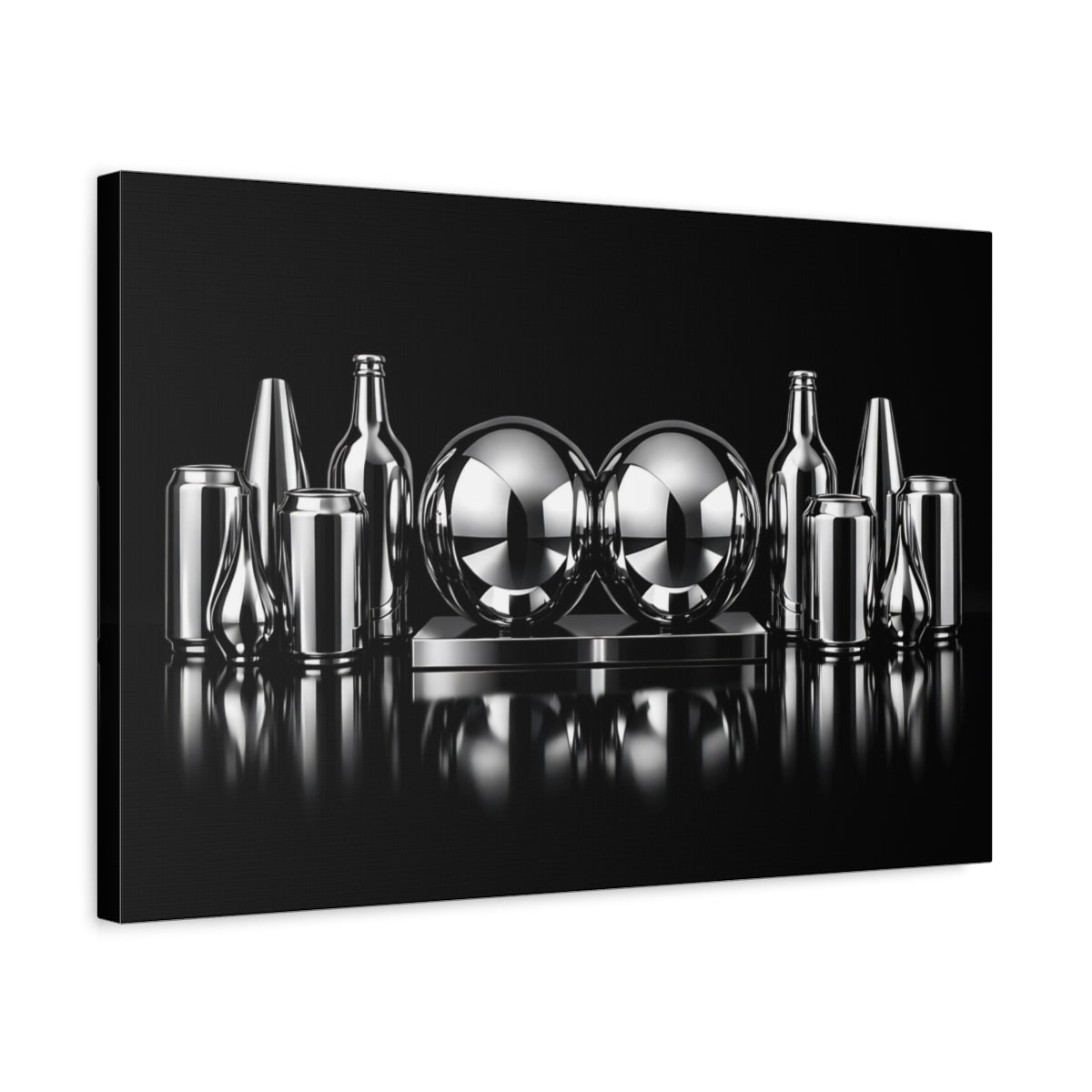 Side Mockup 3. Abstract Chrome Objects Black And Chrome shown as stretched canvas wall art