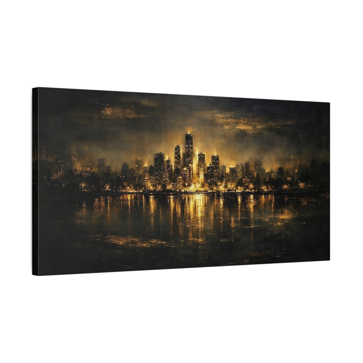 Side Mockup 2. Abstract City Skyline Black And Gold shown as stretched canvas wall art