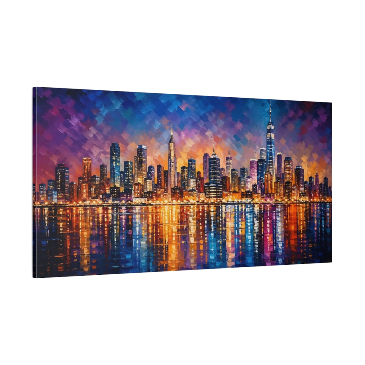 Side Mockup 2. Abstract City Skyline Blue And Orange Cityscape shown as stretched canvas wall art