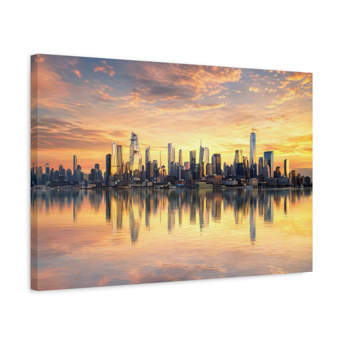 Side Mockup 3. Abstract City Skyline Orange And Gold shown as stretched canvas wall art