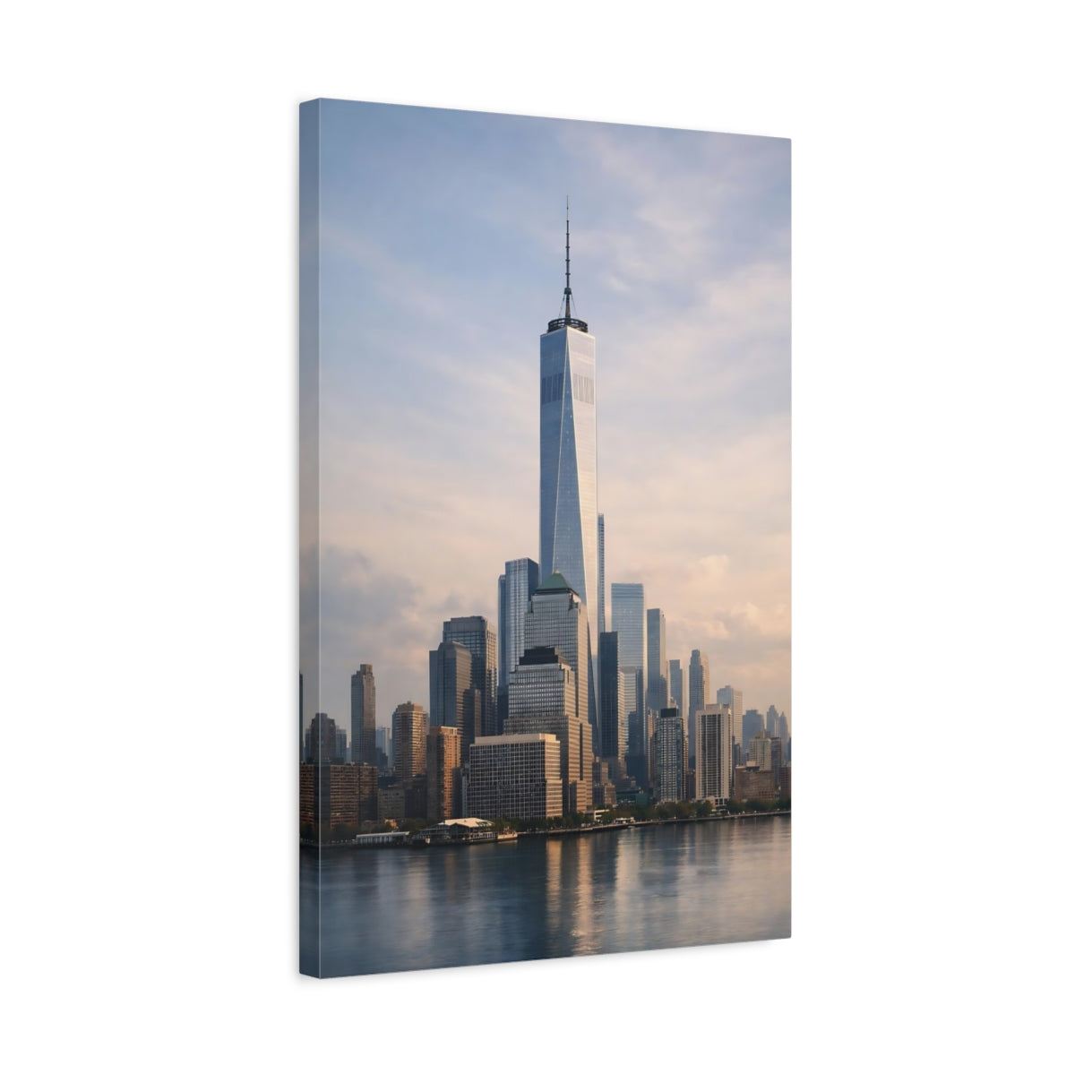 Side Mockup 3. Abstract City Skyline Urban Grey Blue shown as stretched canvas wall art