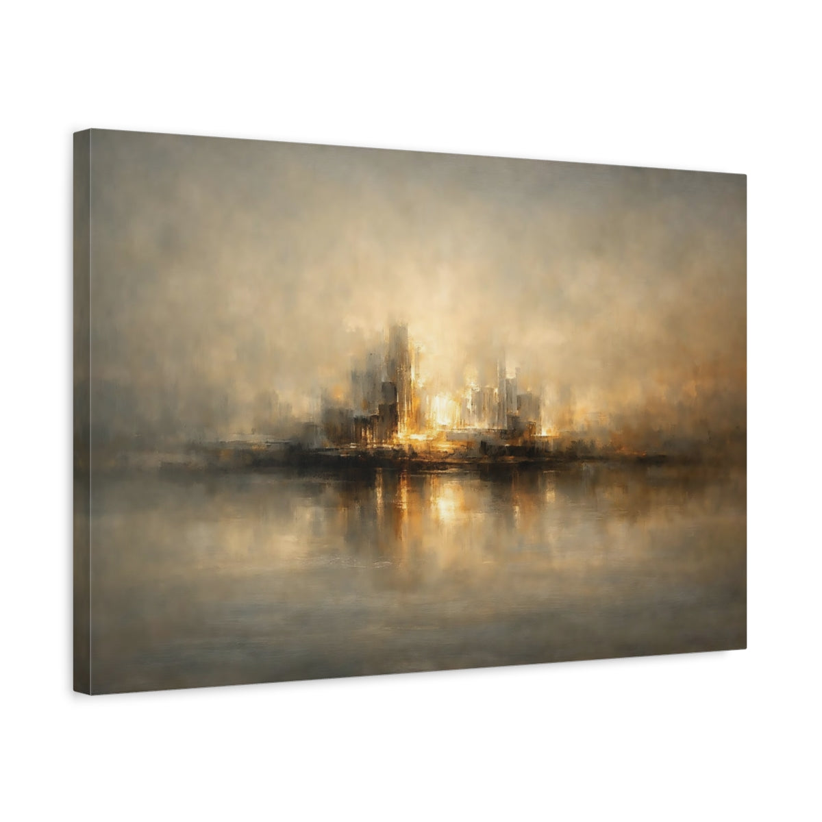 Side Mockup 3. Abstract Cityscape Golden Cityscape shown as stretched canvas wall art
