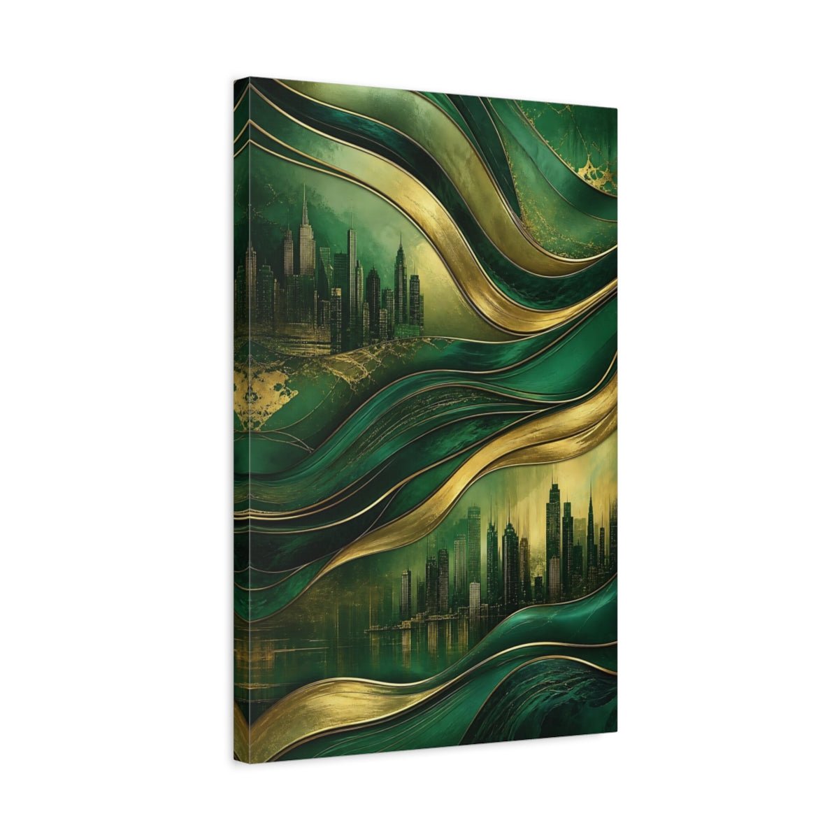 Abstract Cityscape Green Gold Canvas Print – Decor for Living Room, Above Couch - YesArtYes